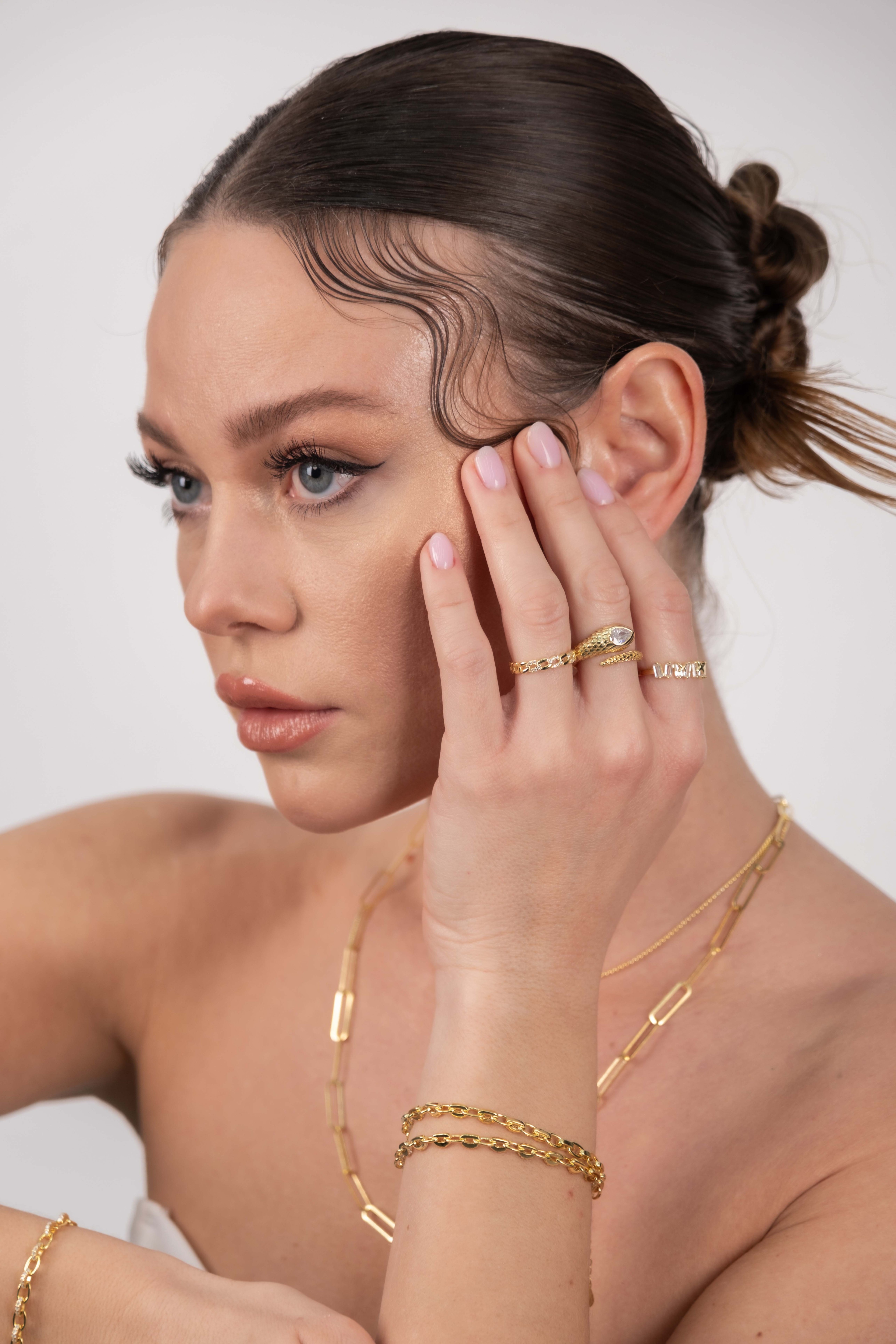 Chain Ring - 925 Ayar Gümüş Zirkon Taşlı Ayarlanabilir Yüzük