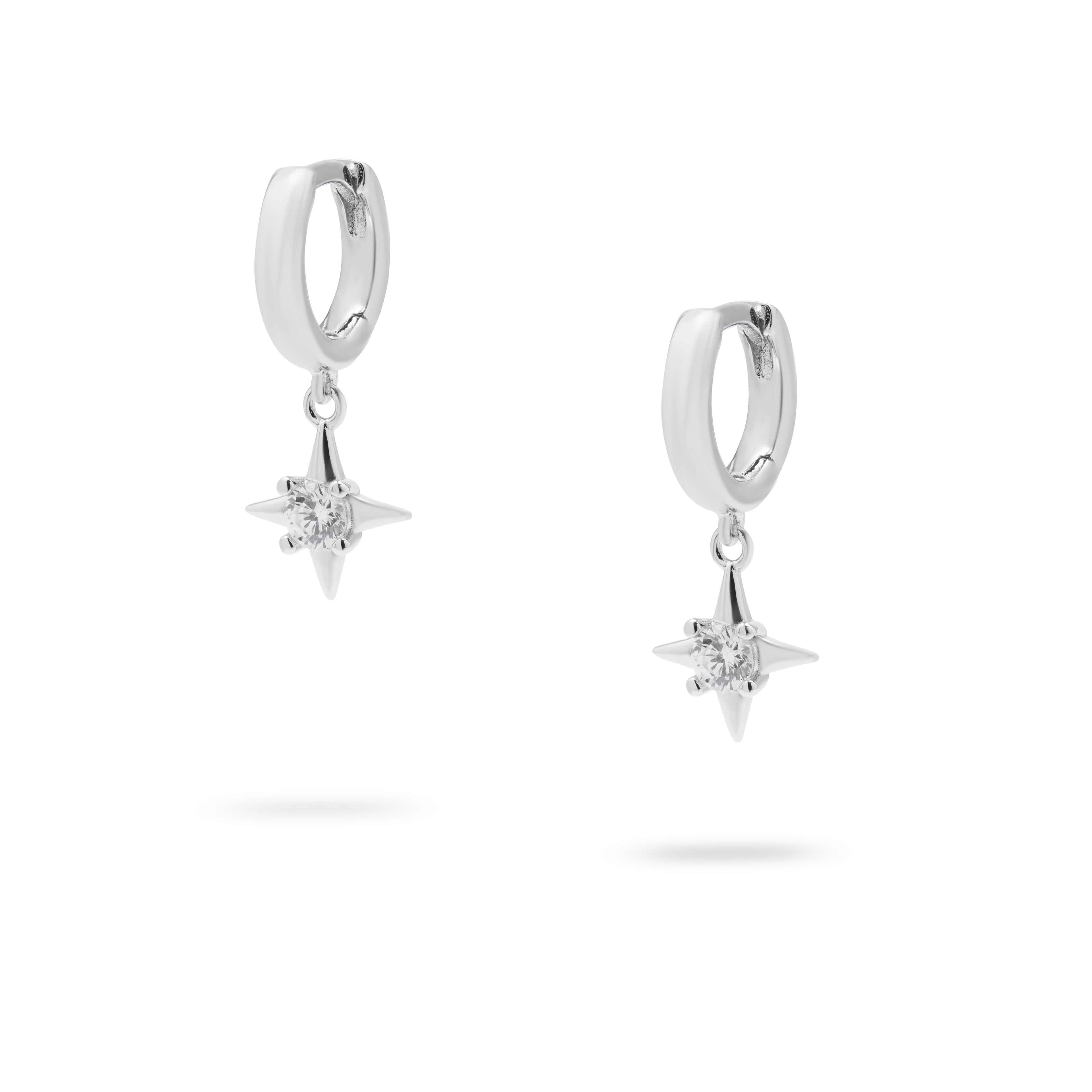 North - 925 Ayar Gümüş Tek Taşlı Yıldız Küpe - Rhodium
