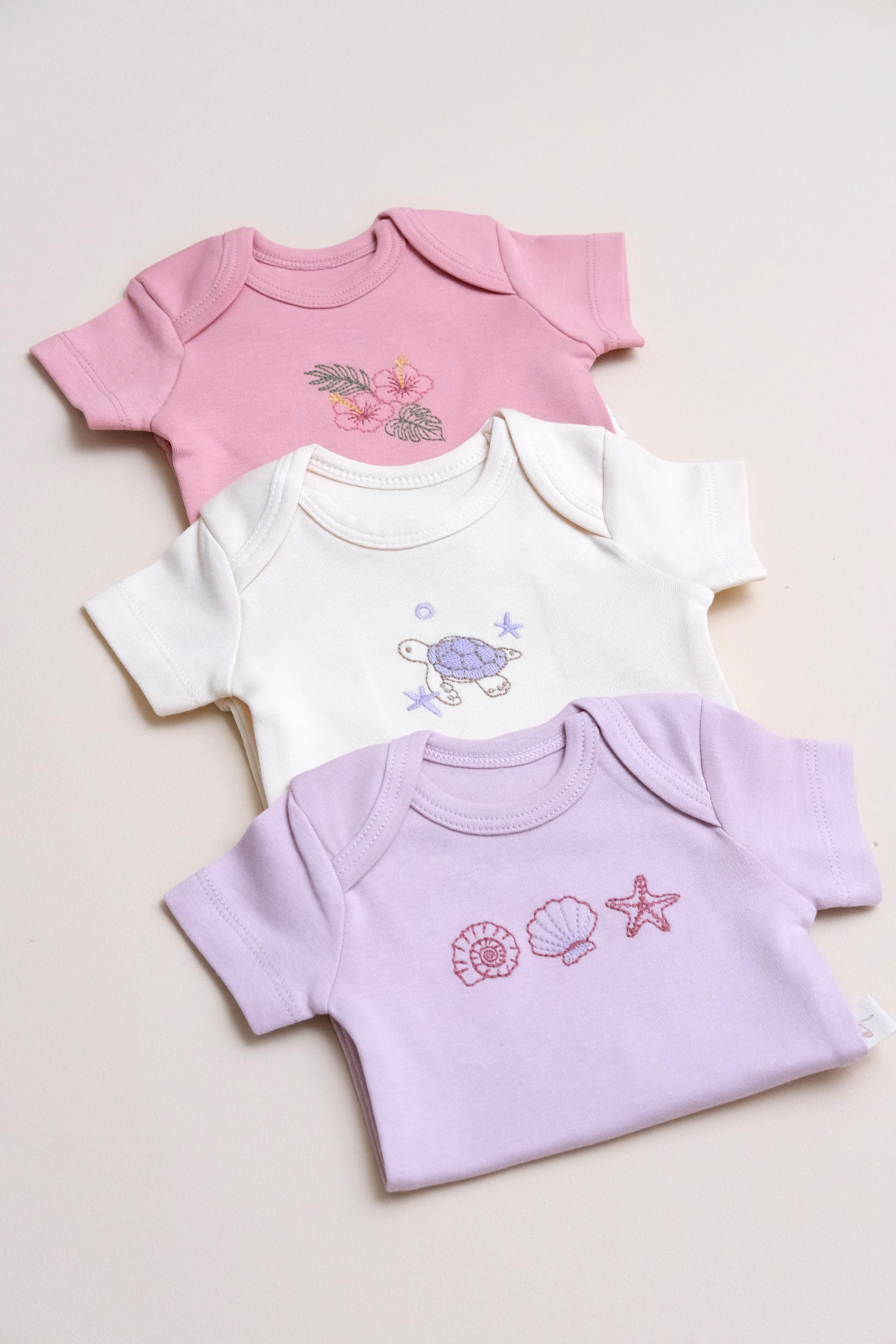 Nakışlı Kız Bebek Kısa Kollu Çıtçıtlı Body 3'lü