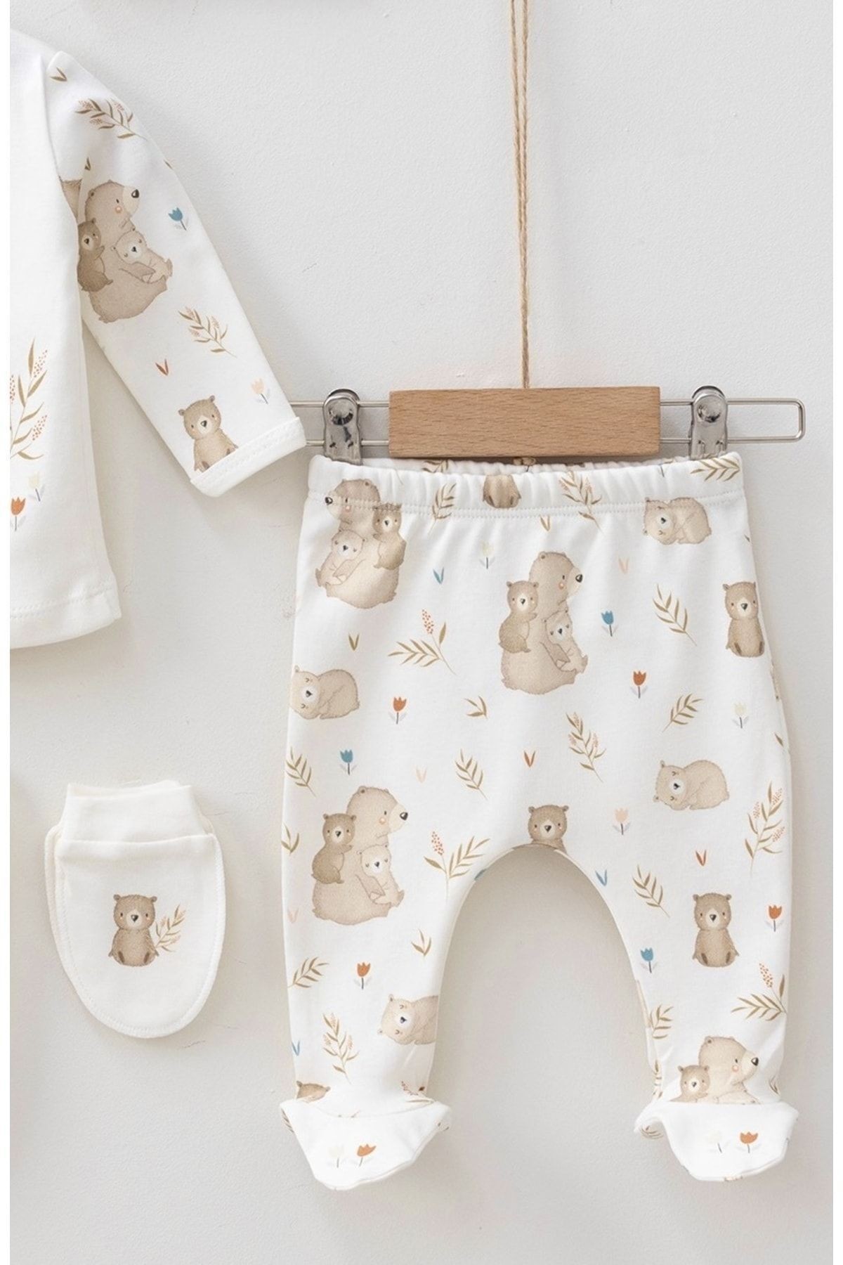 Hastane Çıkışı Yavru Ayı Baskılı Organik 0-3 Ay Unisex Bebek 5 Li Yenidoğan Seti