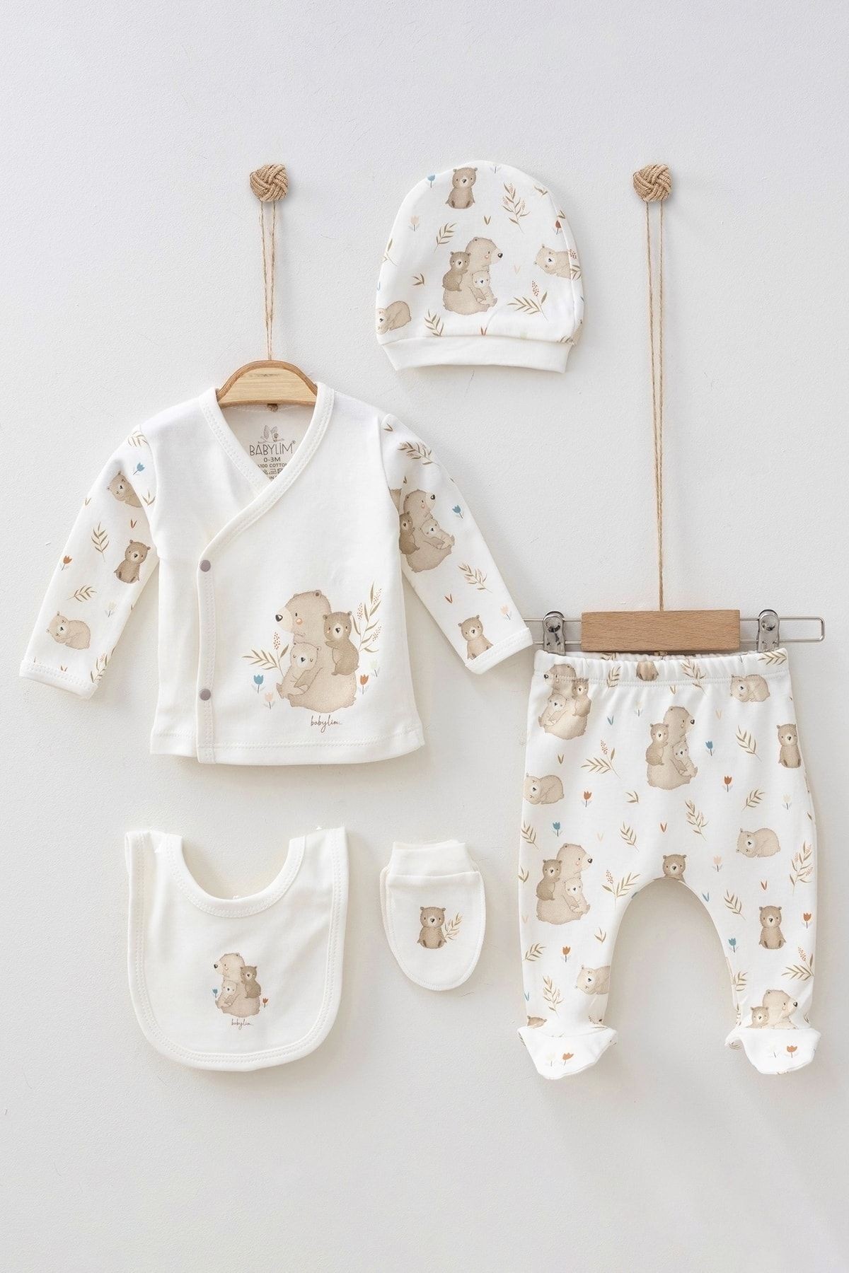 Hastane Çıkışı Yavru Ayı Baskılı Organik 0-3 Ay Unisex Bebek 5 Li Yenidoğan Seti