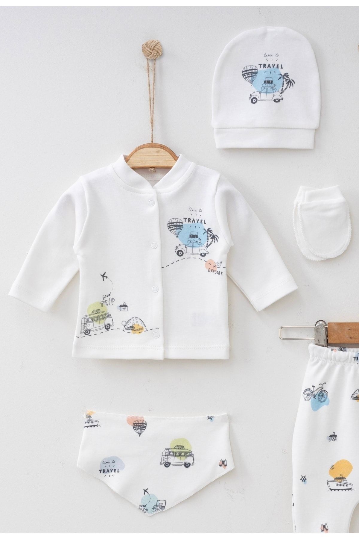 Erkek Bebek Hastane Çıkışı Seyahat Modeli 5'li Yeni Doğan Seti 0-3 Ay Ekru