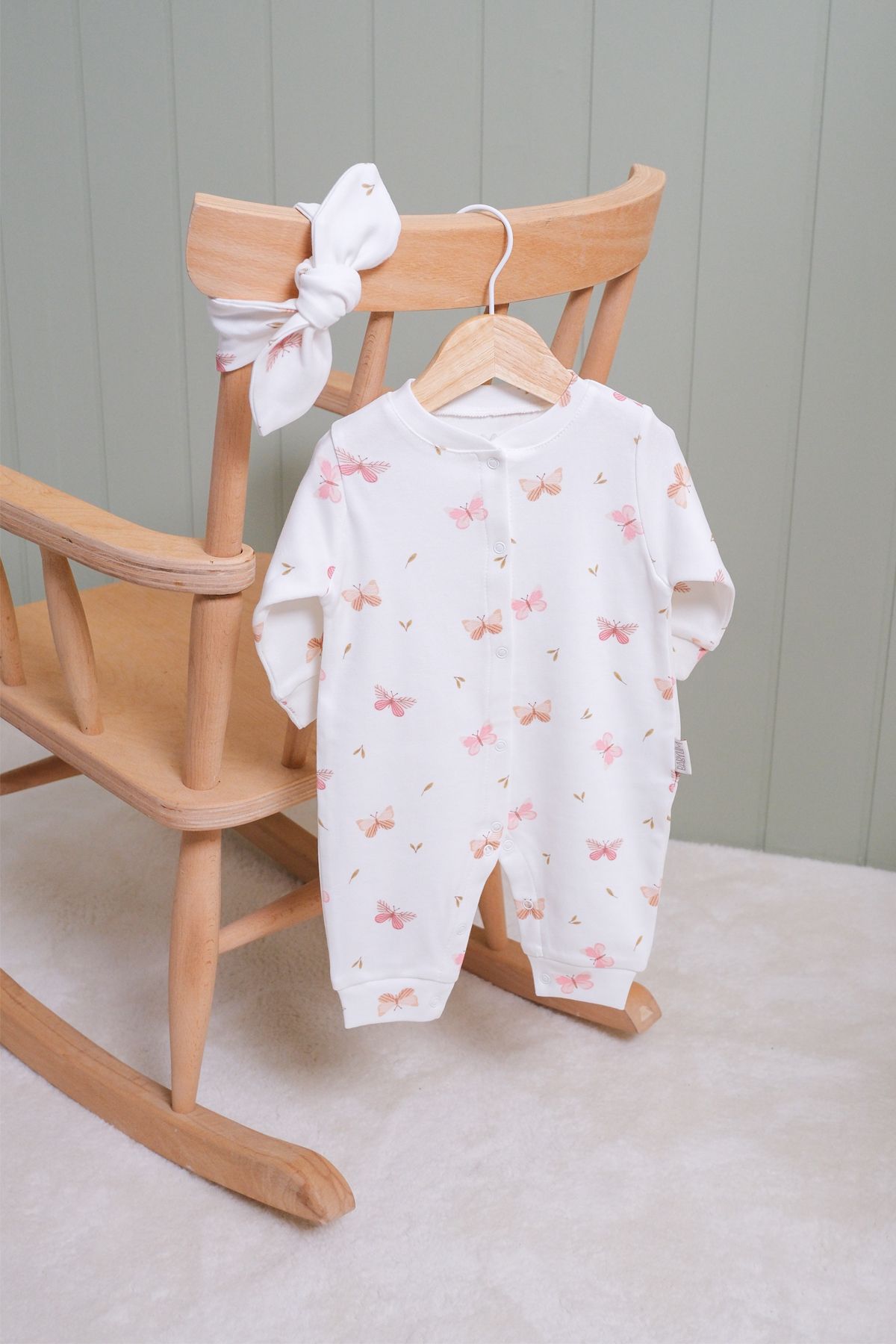 Kız Bebek Kelebek Baskılı Bandanalı Tulum Seti %100 Pamuk