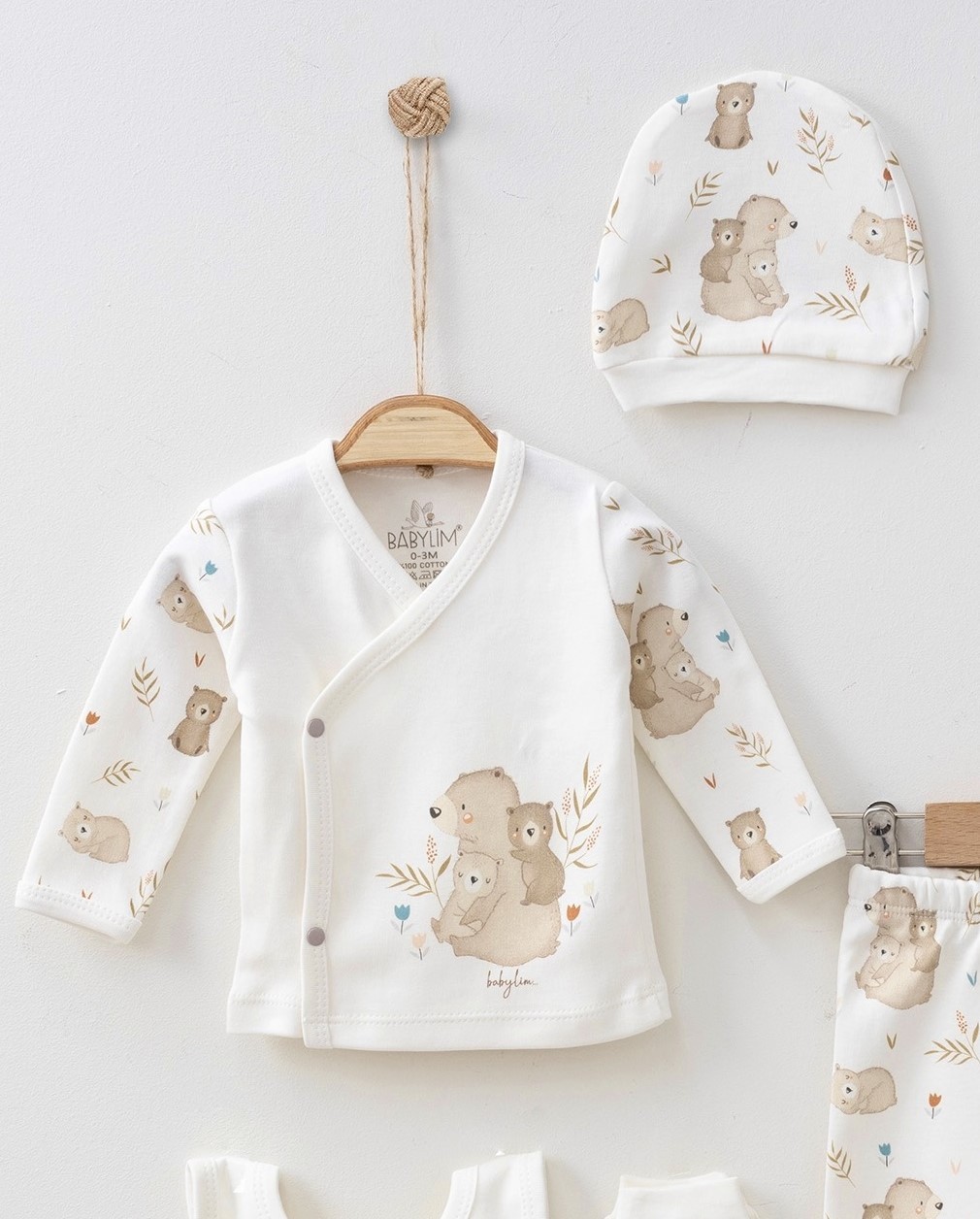 Hastane Çıkışı Yavru Ayı Baskılı Organik 0-3 Ay Unisex Bebek 5 Li Yenidoğan Seti