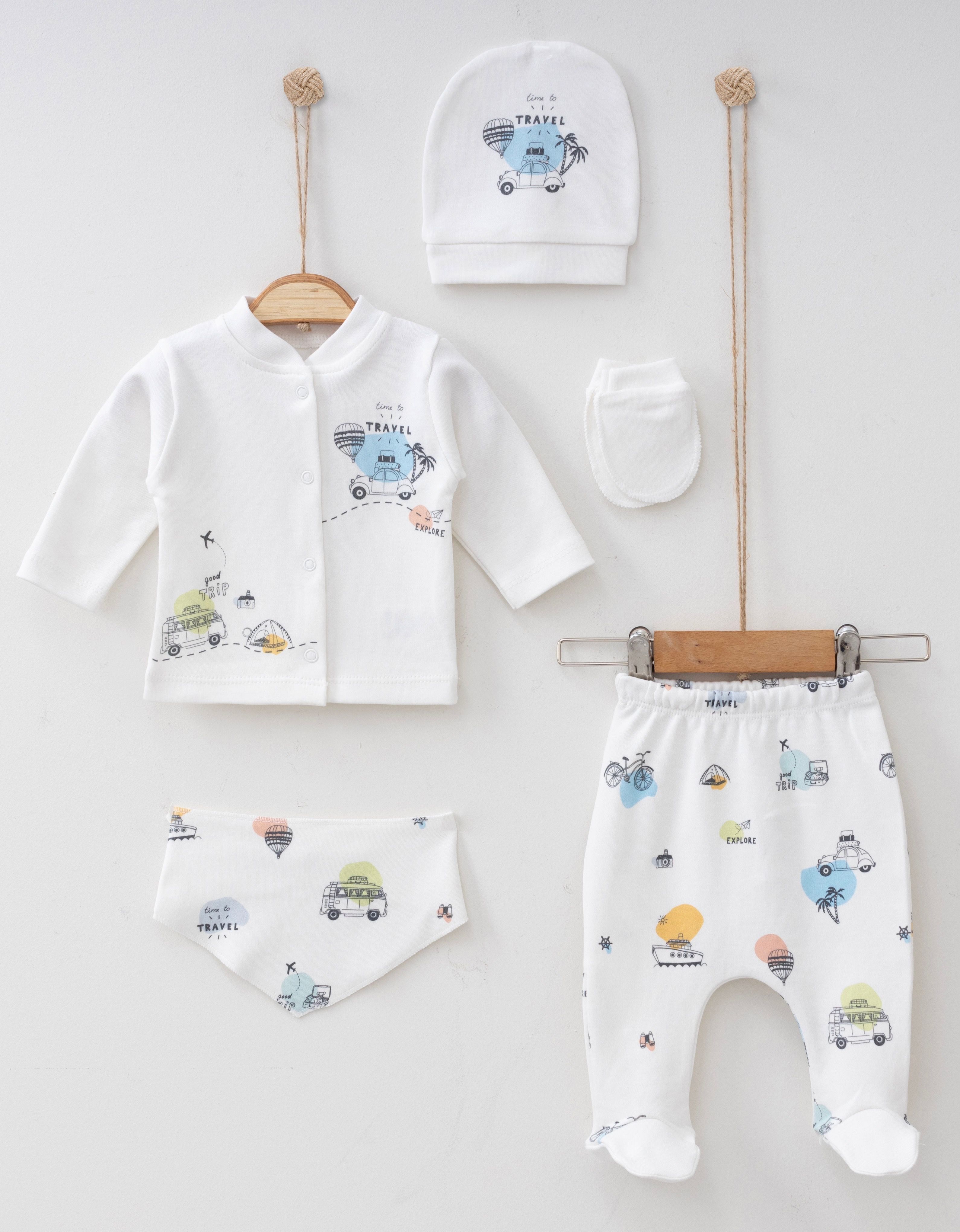 Erkek Bebek Hastane Çıkışı Seyahat Modeli 5'li Yeni Doğan Seti 0-3 Ay Ekru