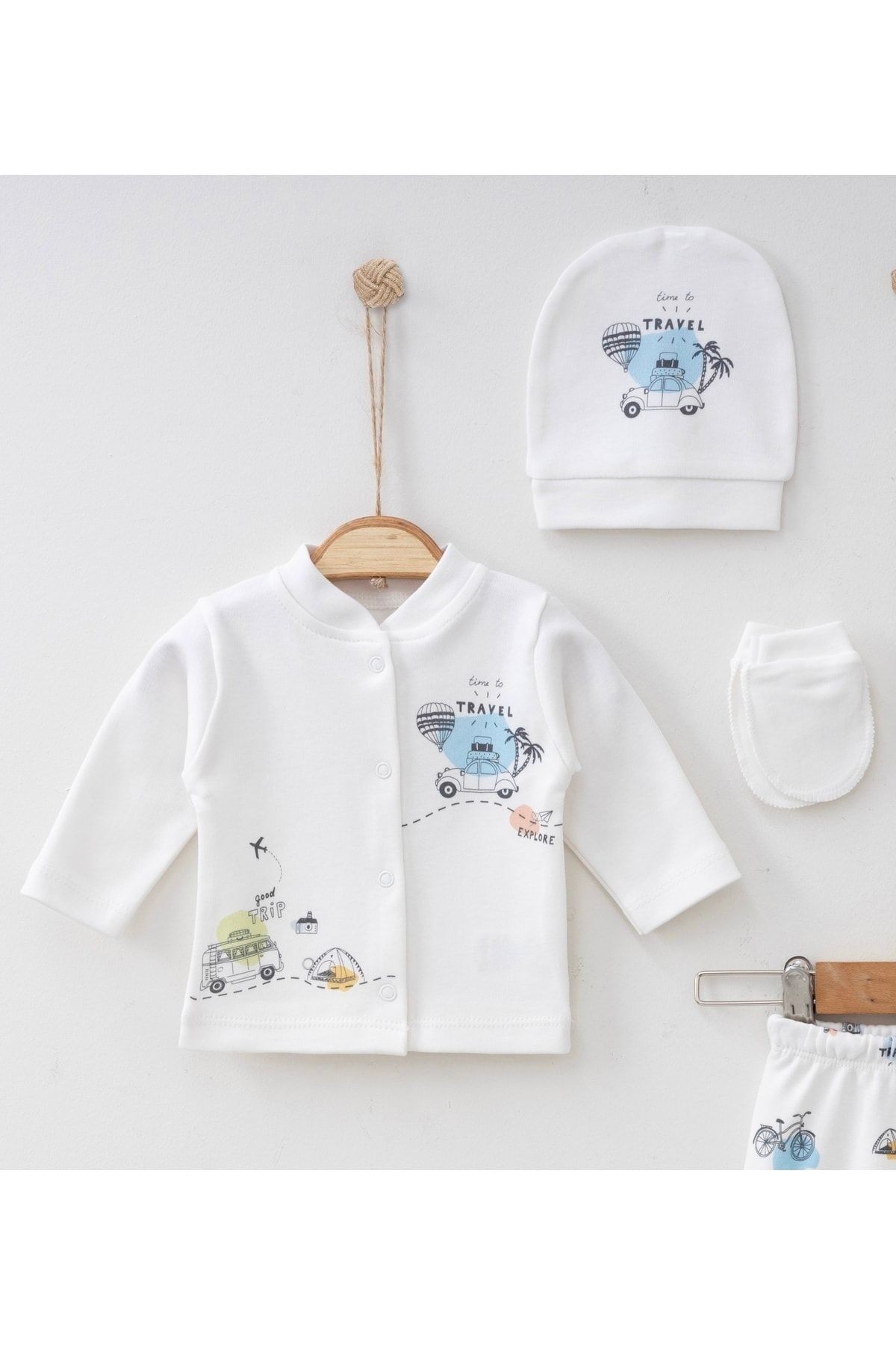 Erkek Bebek Hastane Çıkışı Seyahat Modeli 5'li Yeni Doğan Seti 0-3 Ay Ekru
