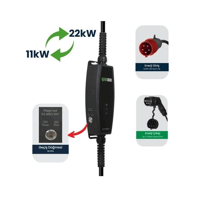 VİEGO TAŞINABİLİR ELEKTRİKLİ ARAÇ ŞARJ CİHAZI 11/22KW  EV PRİZİ DÖNÜŞTÜRÜCÜLÜ