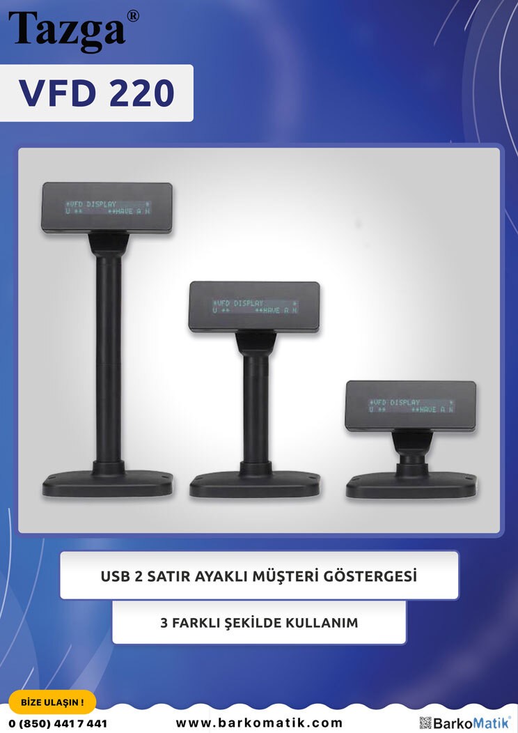 MNT-TAZGA ID VFD220 USB 2 SATIR MÜŞTERİ GÖSTERGESİ AYAKLI