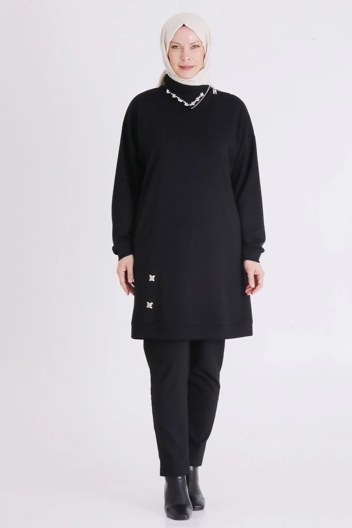 Taşlı Fermuarlı Tunik