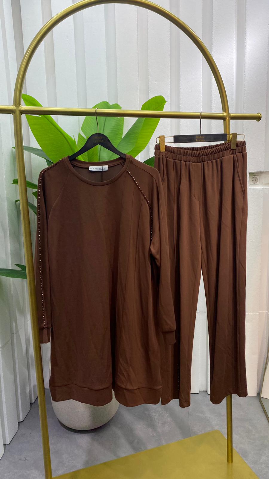 İnci Pantolonlu Takım - kahverengi