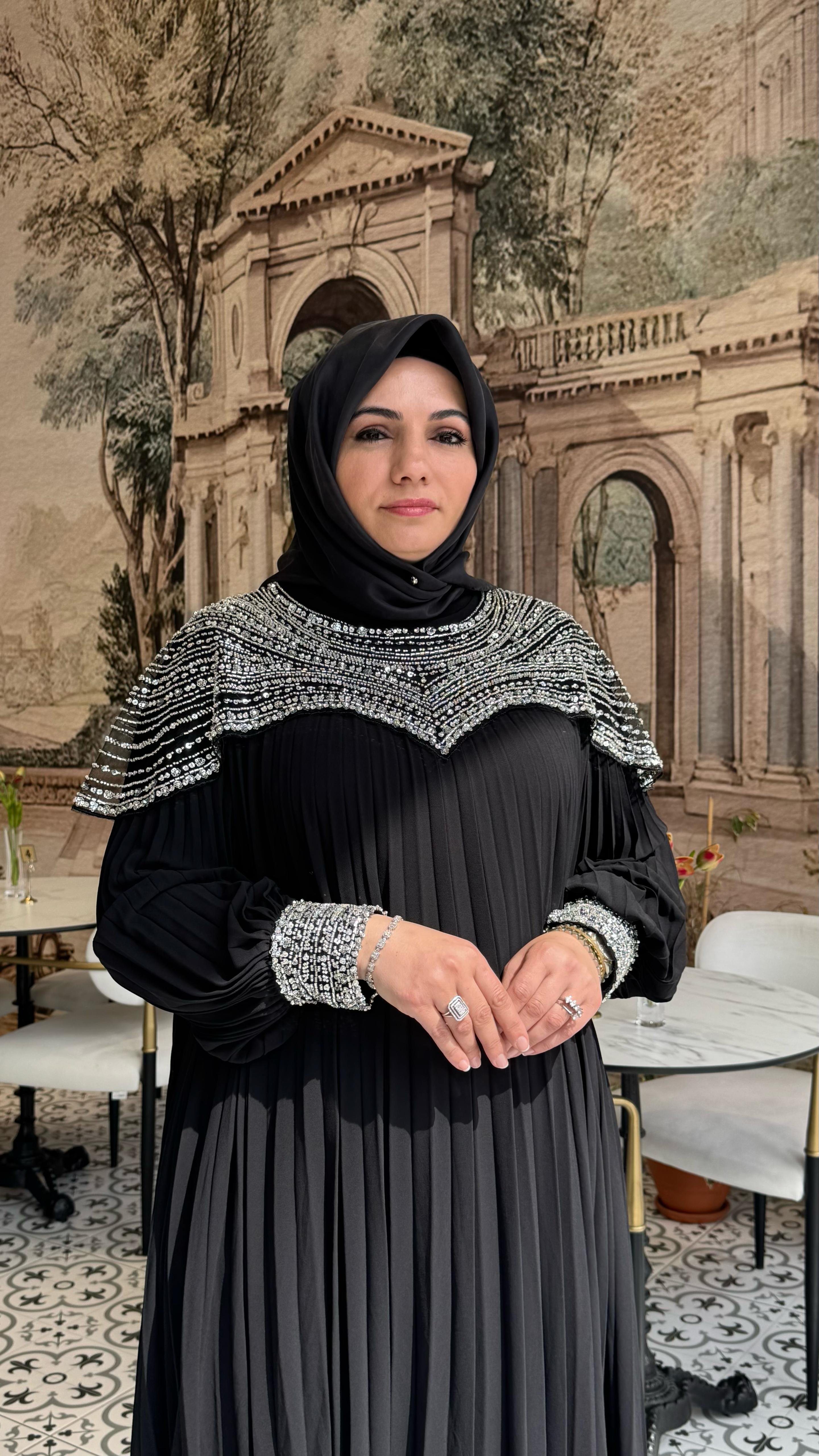 İthal Taşlı Yakalıklı Piliseli Elbise