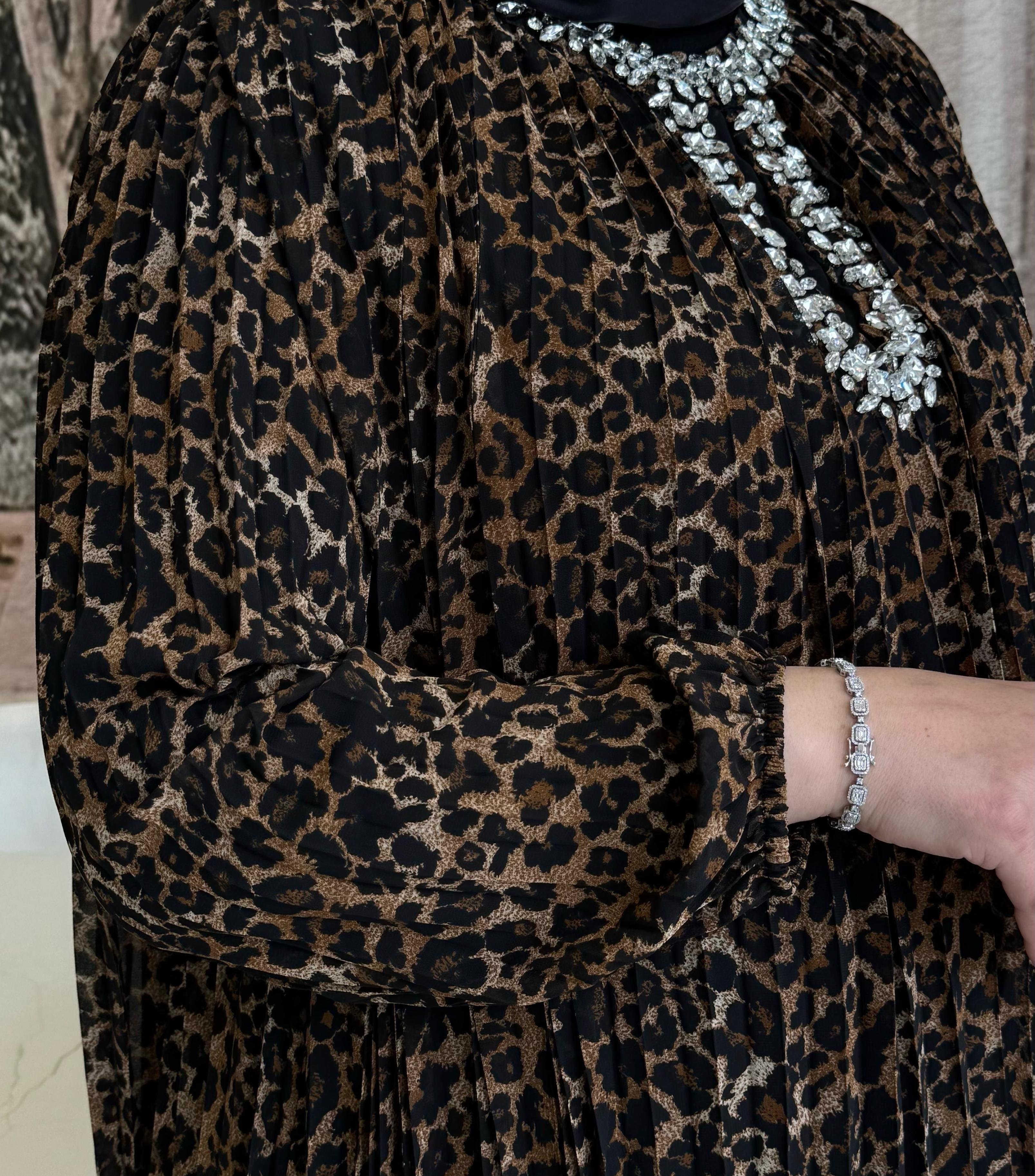İthal Leopar Piliseli Elbise