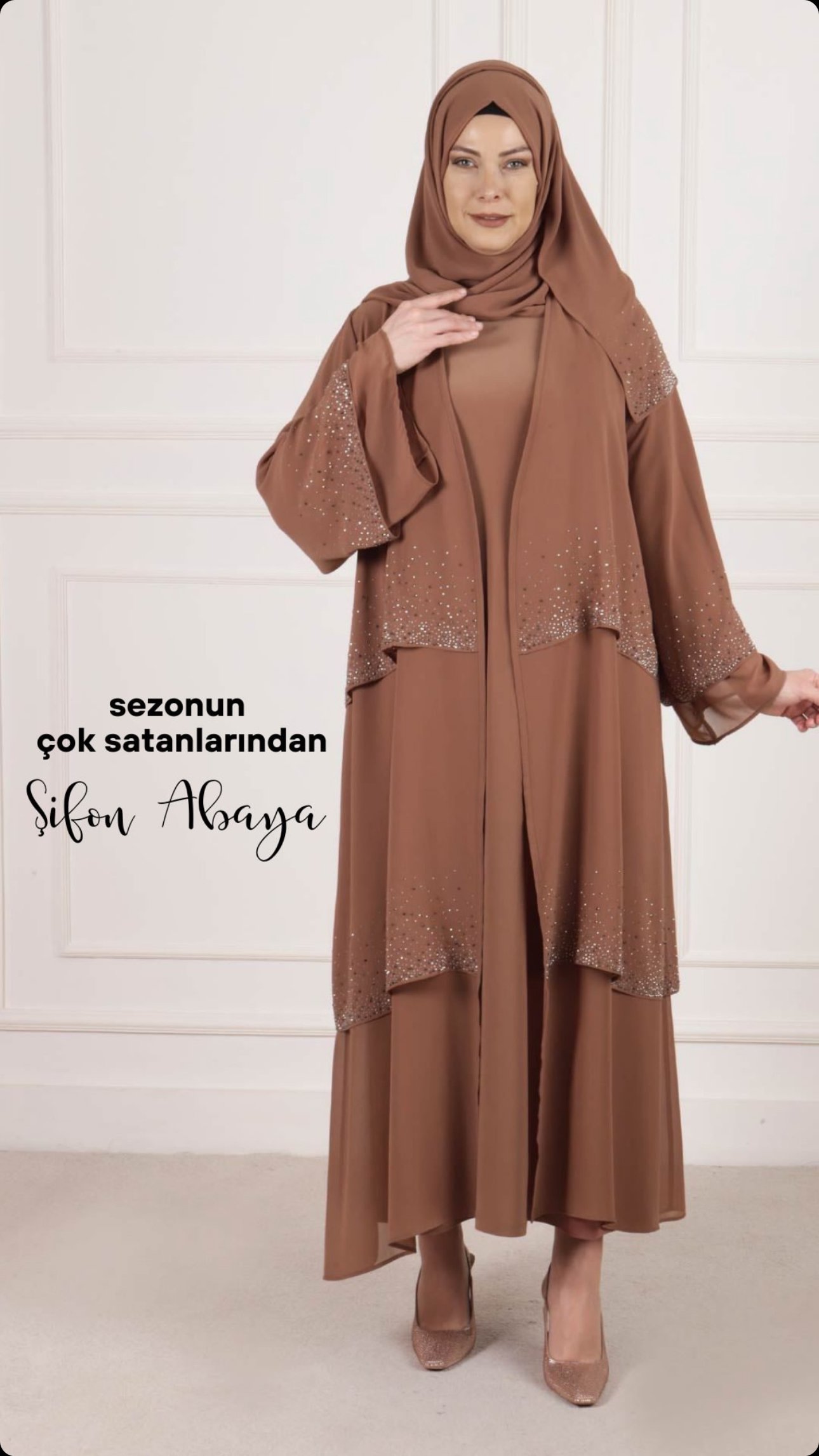 Double Şifonlu Taşlı Abaya 