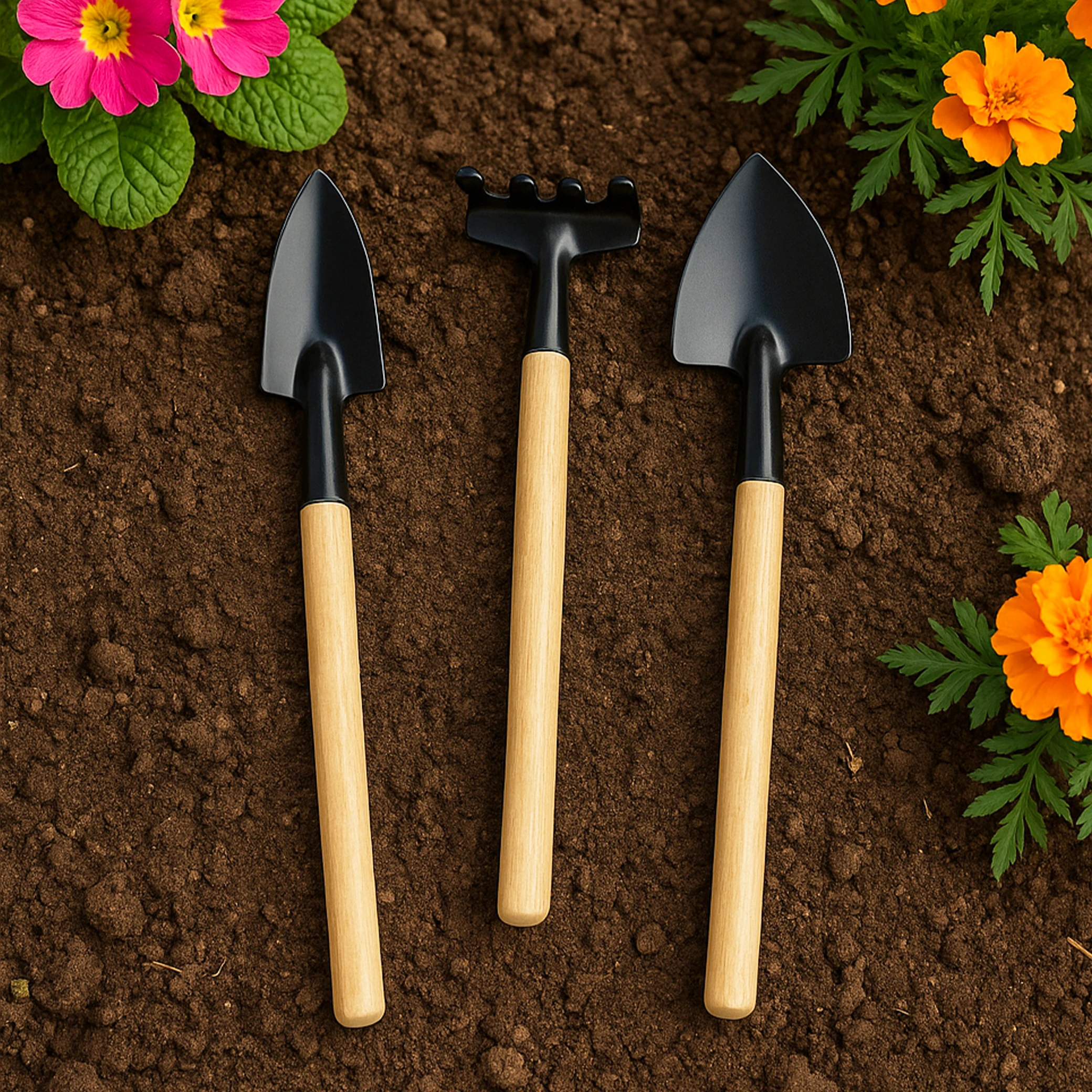 Mini Saksı Hobi Seti – 3'lü Hobi Sakı Aletleri (Kürek, Bel Kürek, Tırmık)