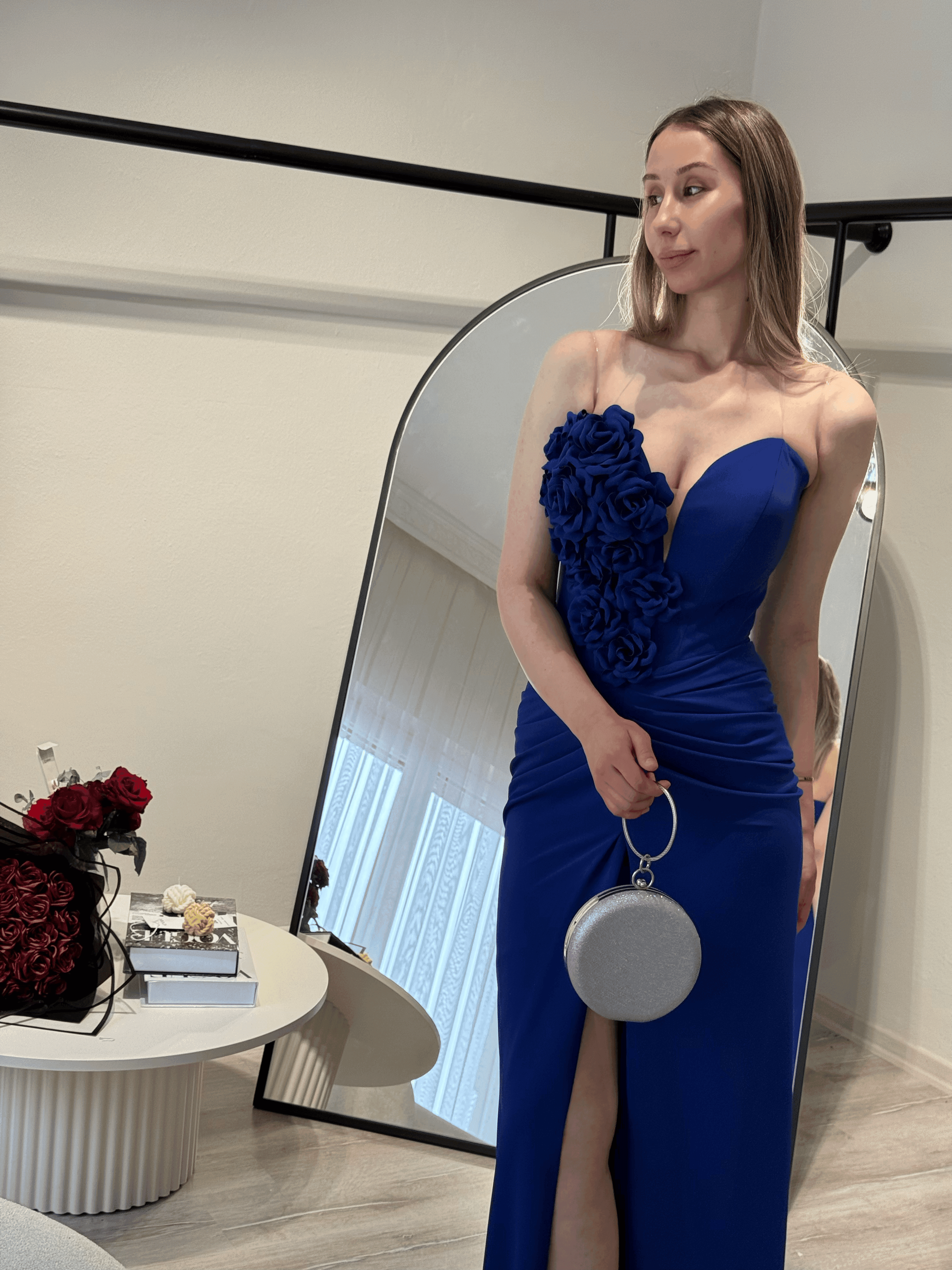 Gül Detaylı Abiye Elbise 8025 - Saks