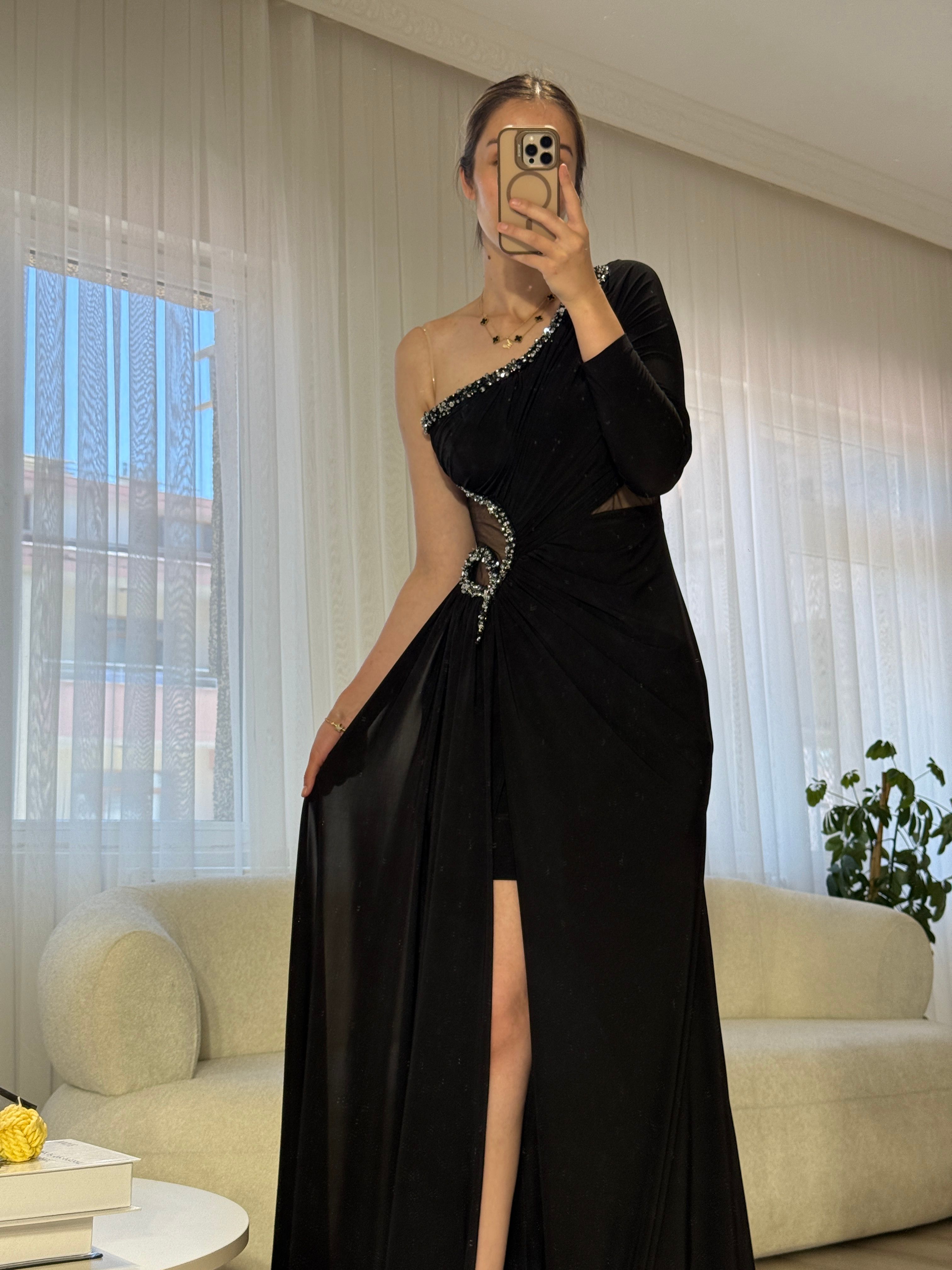 Tek Omuz Abiye Elbise 3905 - Siyah