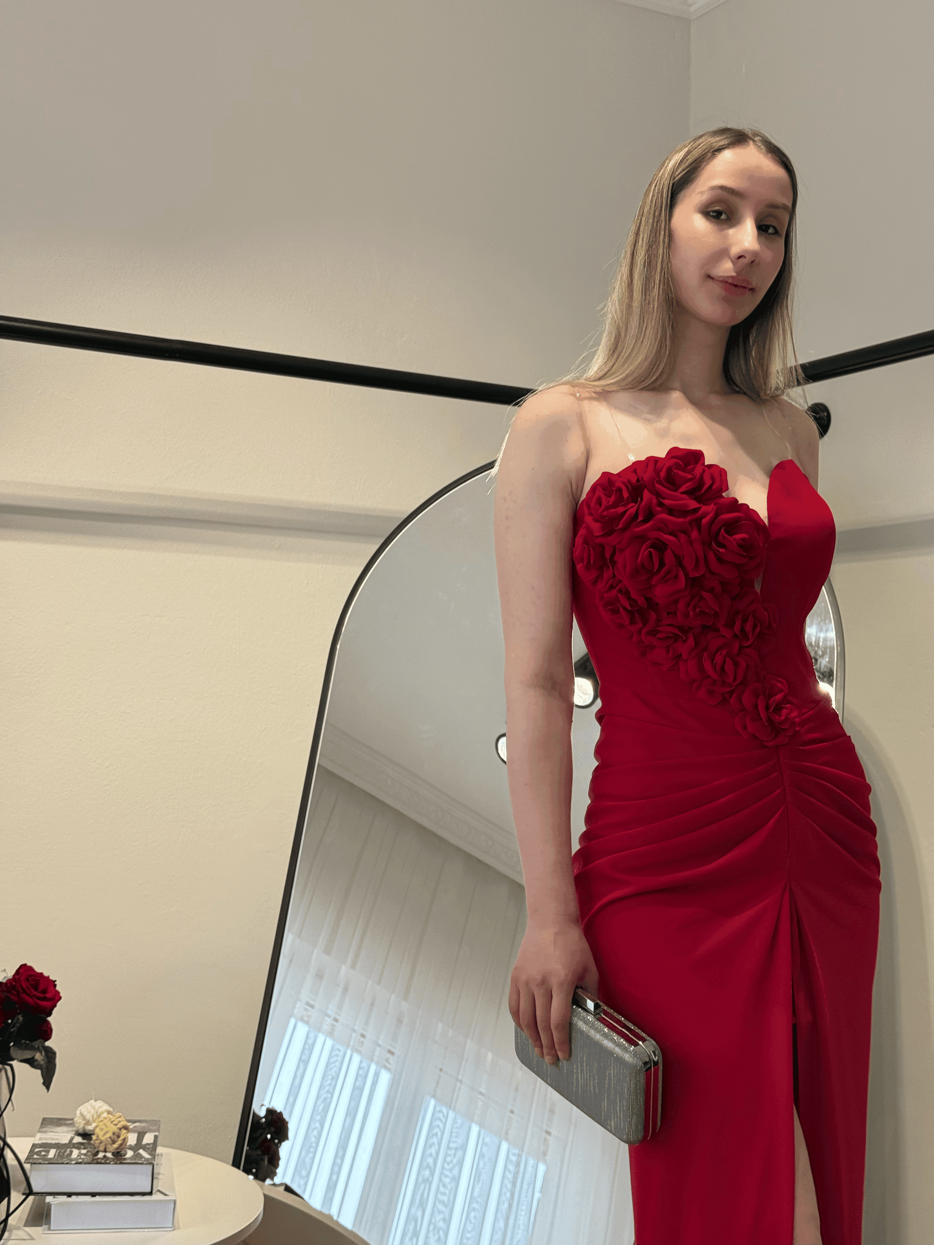 Gül Detaylı Abiye Elbise 8025 - Kırmızı