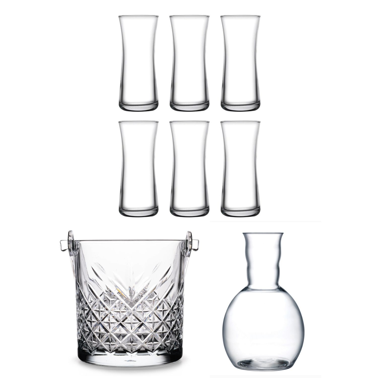 Paşabahçe Heybeli Rakı Bardağı, Nude Kristal Karaf ve Timeless Buz Kovası 8 Parça Rakı Seti