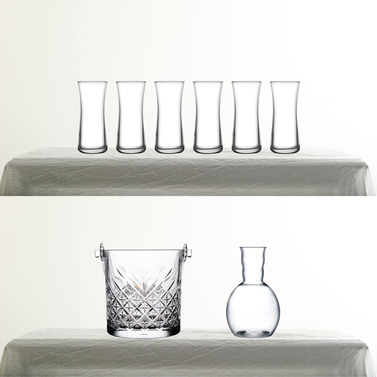 Paşabahçe Heybeli Rakı Bardağı, Nude Kristal Karaf ve Timeless Buz Kovası 8 Parça Rakı Seti
