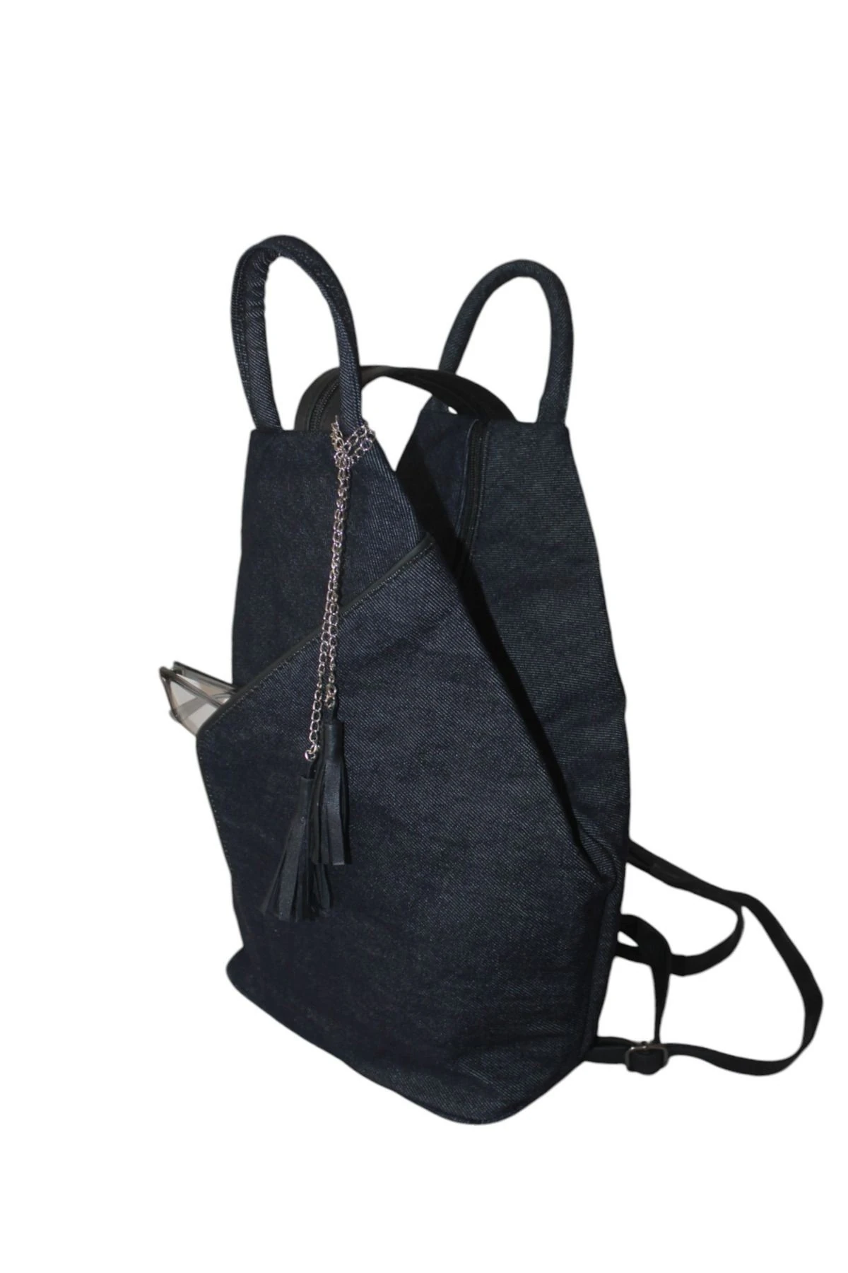 Denim Kumaş Kadın Sırt Omuz Çantası Vazo Lacivert,siyaz Zincirli Çntkotvzlcvrt-syhz