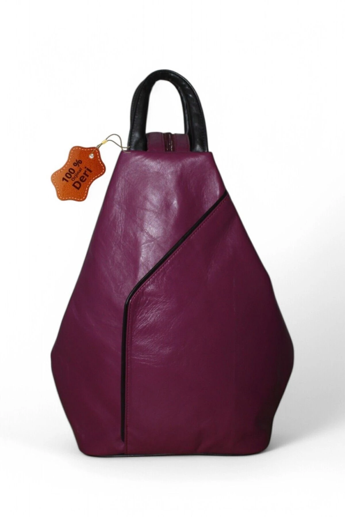 Hakiki Deri Kadın Omuz ve Sırt Çantası Vazo Model Mürdüm Siyah Şeritli ÇntDrVzMürdüm1