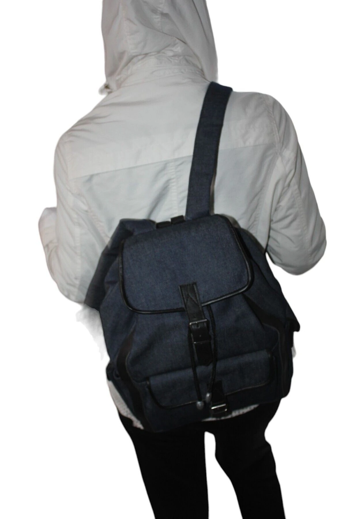 Denim Kumaş Kadın Sırt Çantası 3 Cepli Model Lacivert,siyah Deri Detaylı Çnt3cepkotmk-003