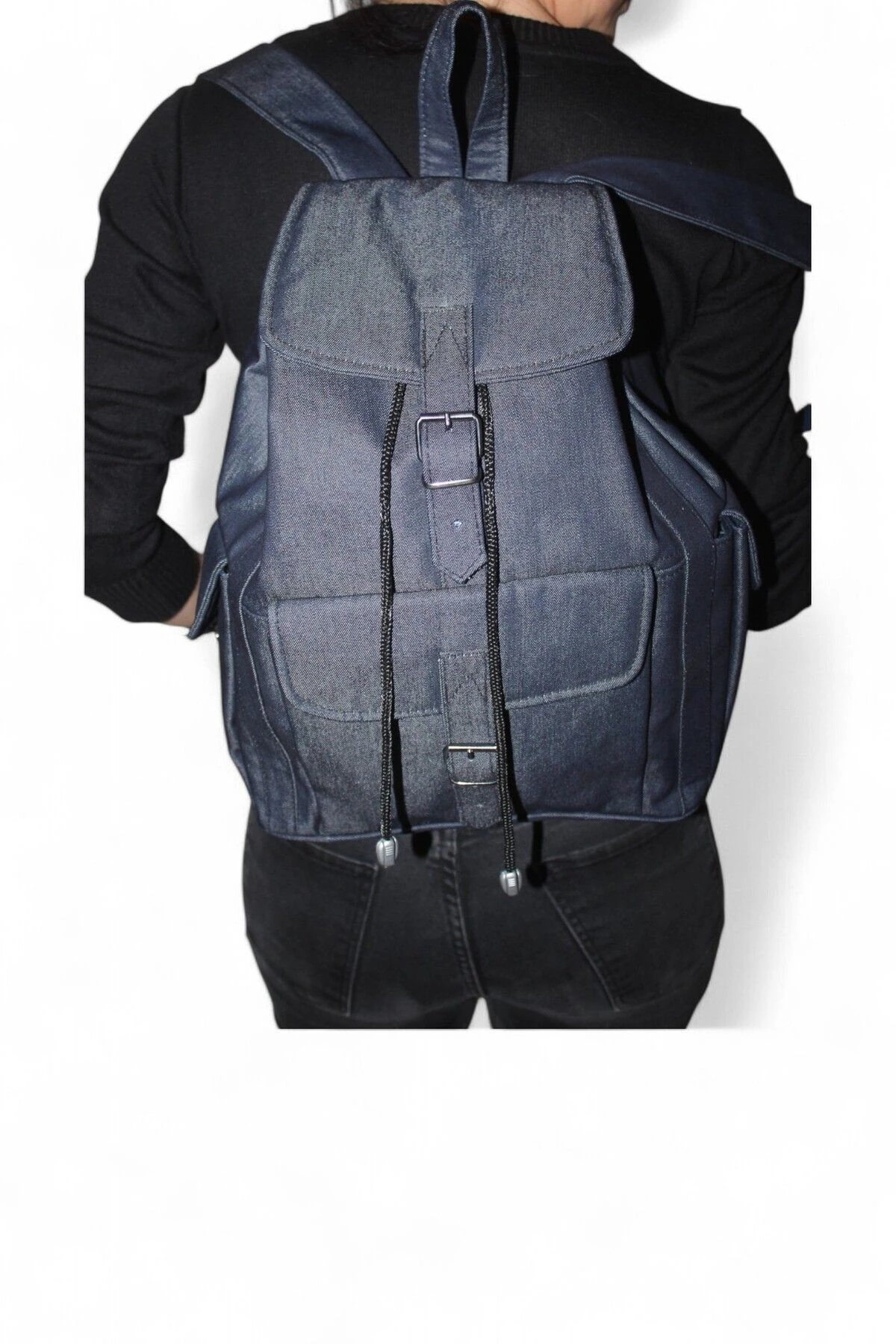 Denim Kumaş Kadın Sırt Çantası 3 Cep Model Lacivert