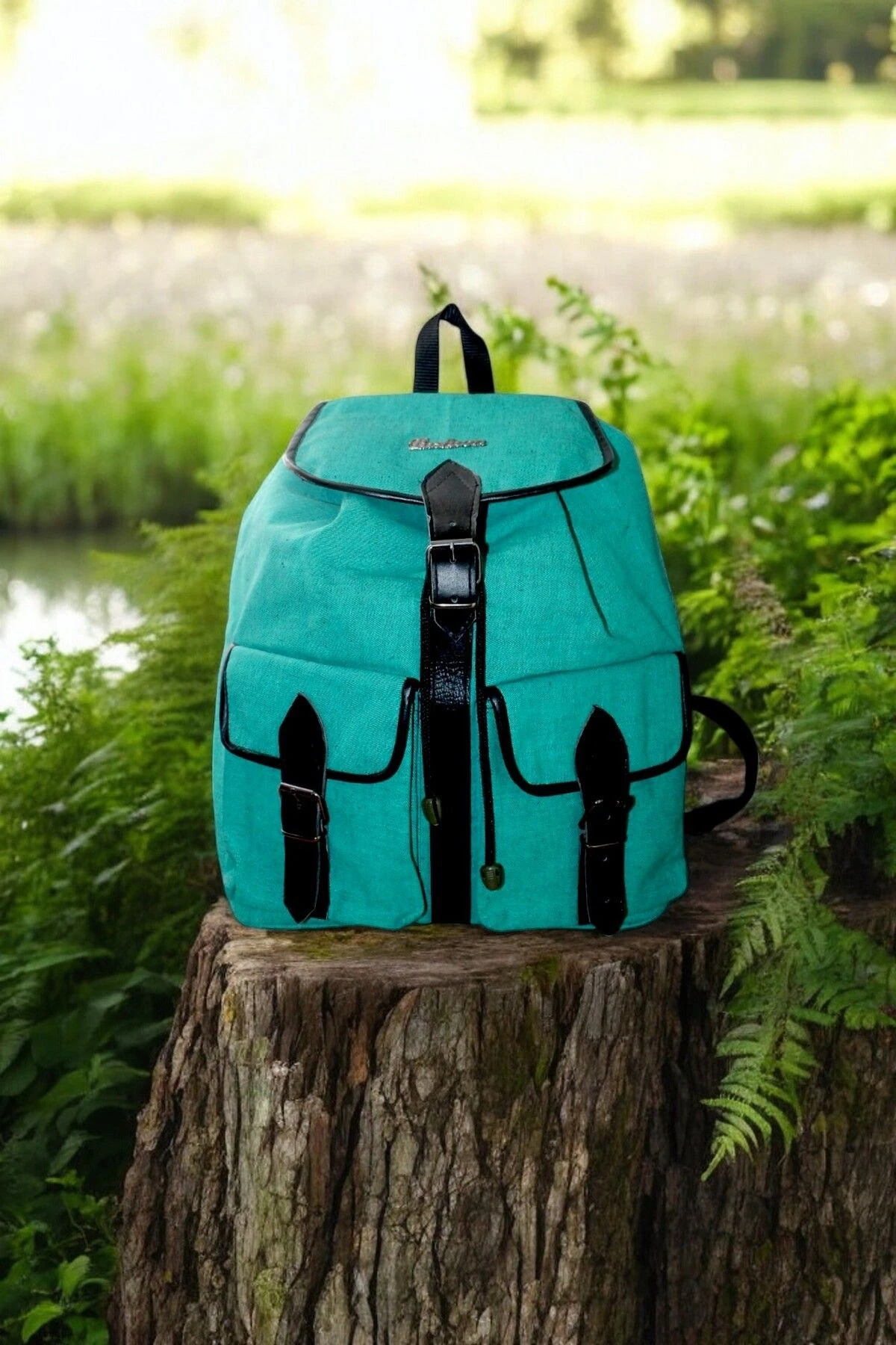 Denim Kot Kumaşından Kadın Sırt Çantası Yeşil Çift Cepli Çntçiftcepkotyeşilgr01