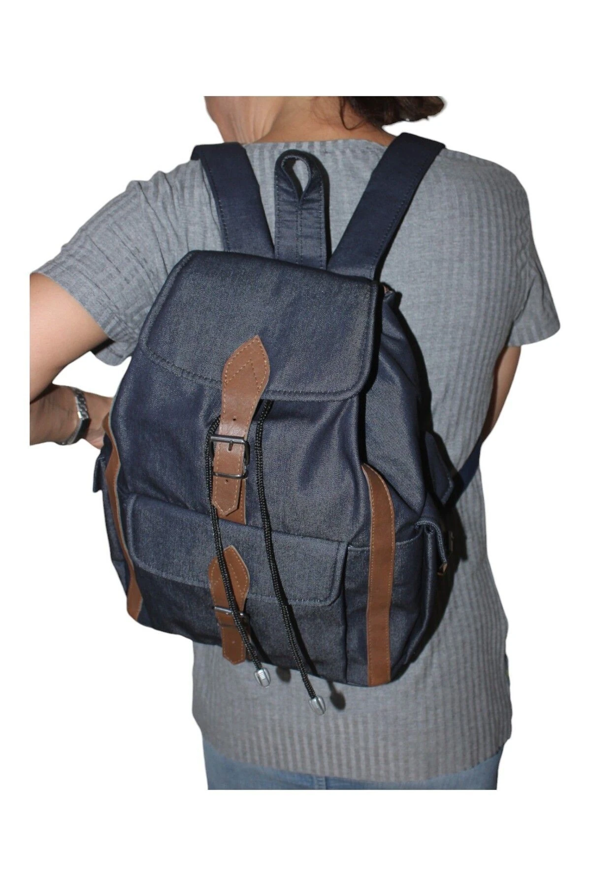 Denim ( Kot ) Kumaş Kadın Sırt Çantası Lacivert Renk Kahverengi Hakiki Deri Detaylı 3 Cepli Model