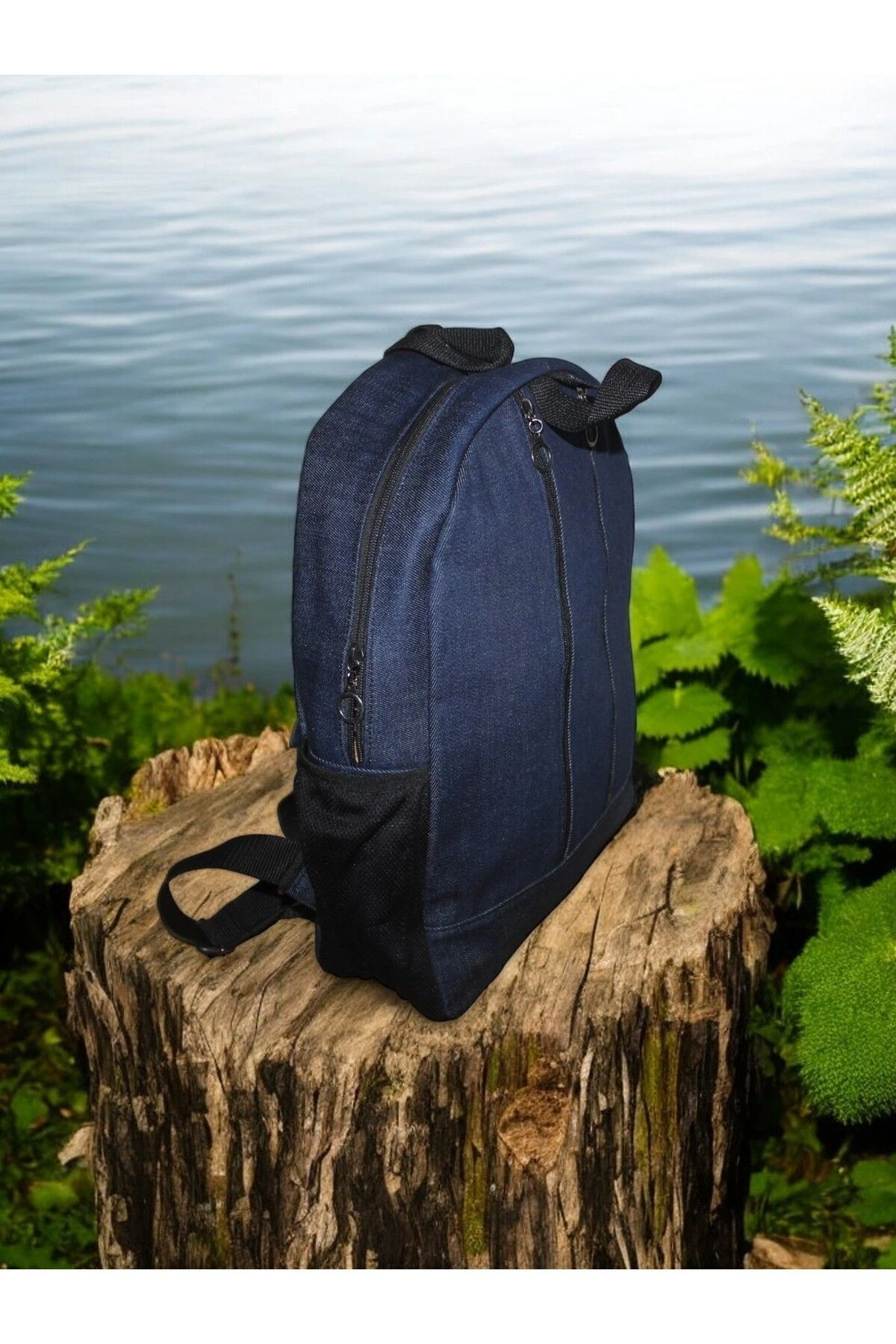 Denim Kot Kumaşından Okul Sırt Çantası 2 Fermuarlı Suna-003 Lacivert Çntkot2zsuna-003