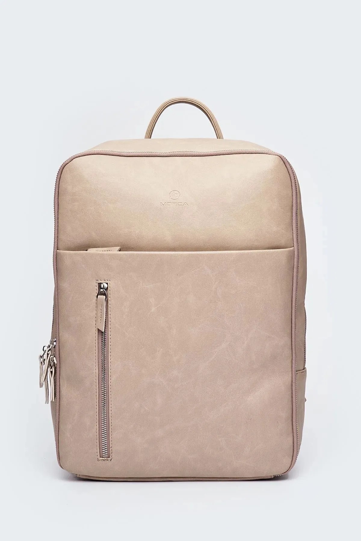 Organizer Laptop Premium Vegan Deri Sırt Çantası - Bej