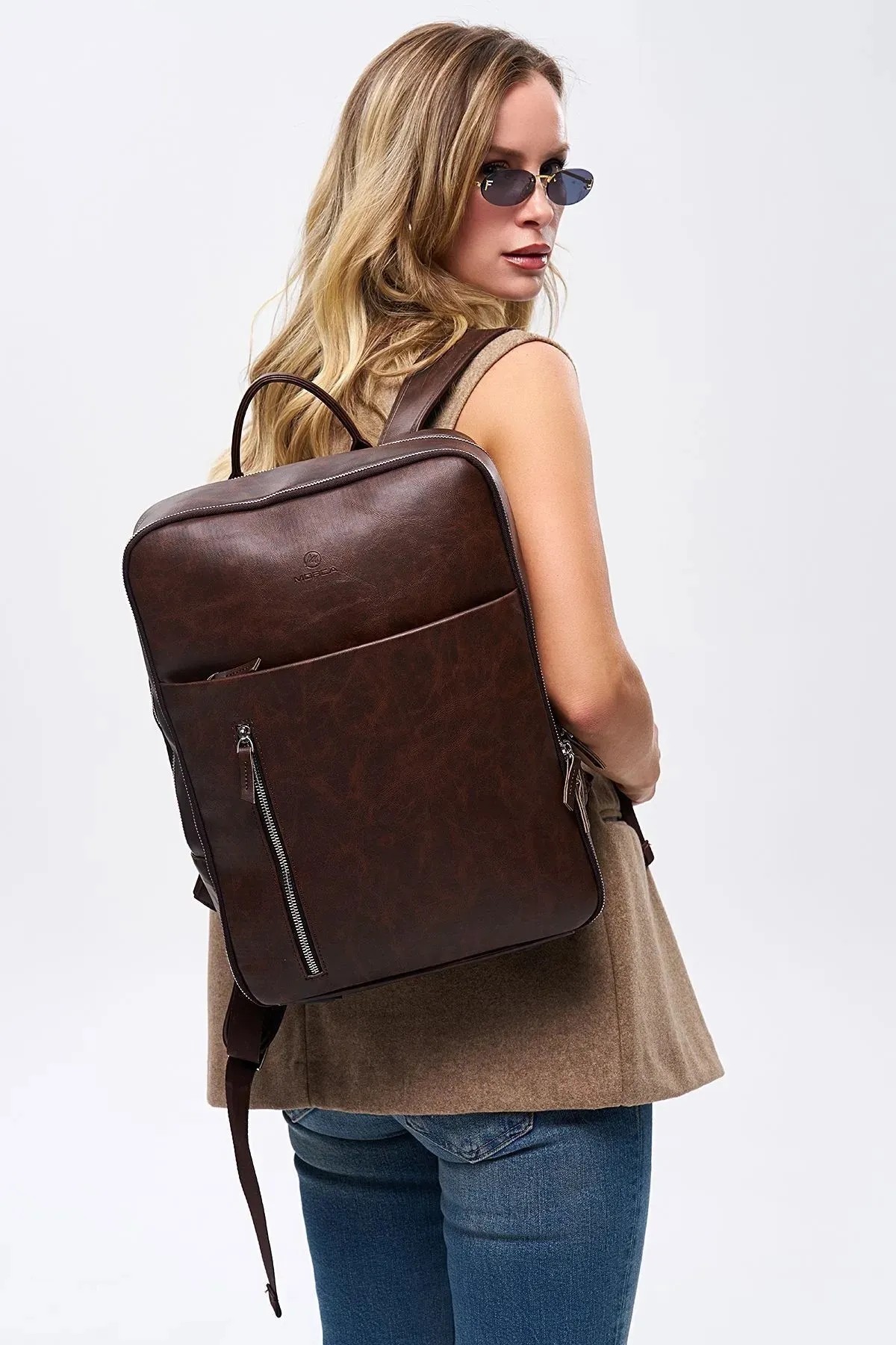 Organizer Laptop Premium Vegan Deri Sırt Çantası - Crazy Kahve