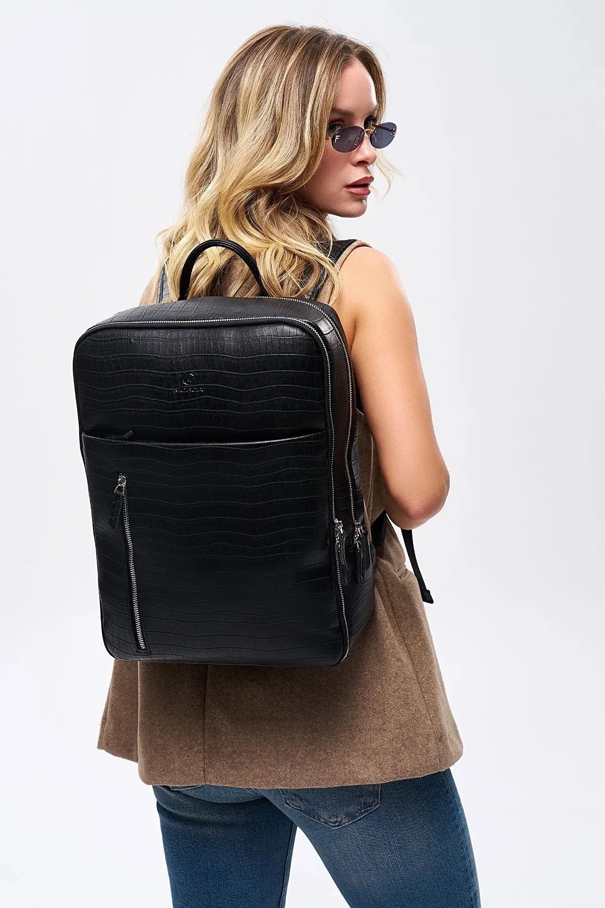 Organizer Laptop Premium Vegan Deri Sırt Çantası - Crazy Kroko