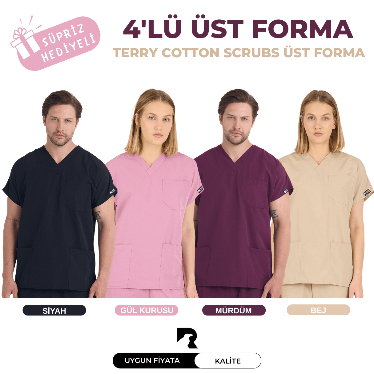 4' lü ÜST FORMA - İthal Terry Cotton Scrubs , Unisex, Yarasa Kol, Hemşire Ve Doktor Forması Takımı, Scrubs Hastane Üniforması