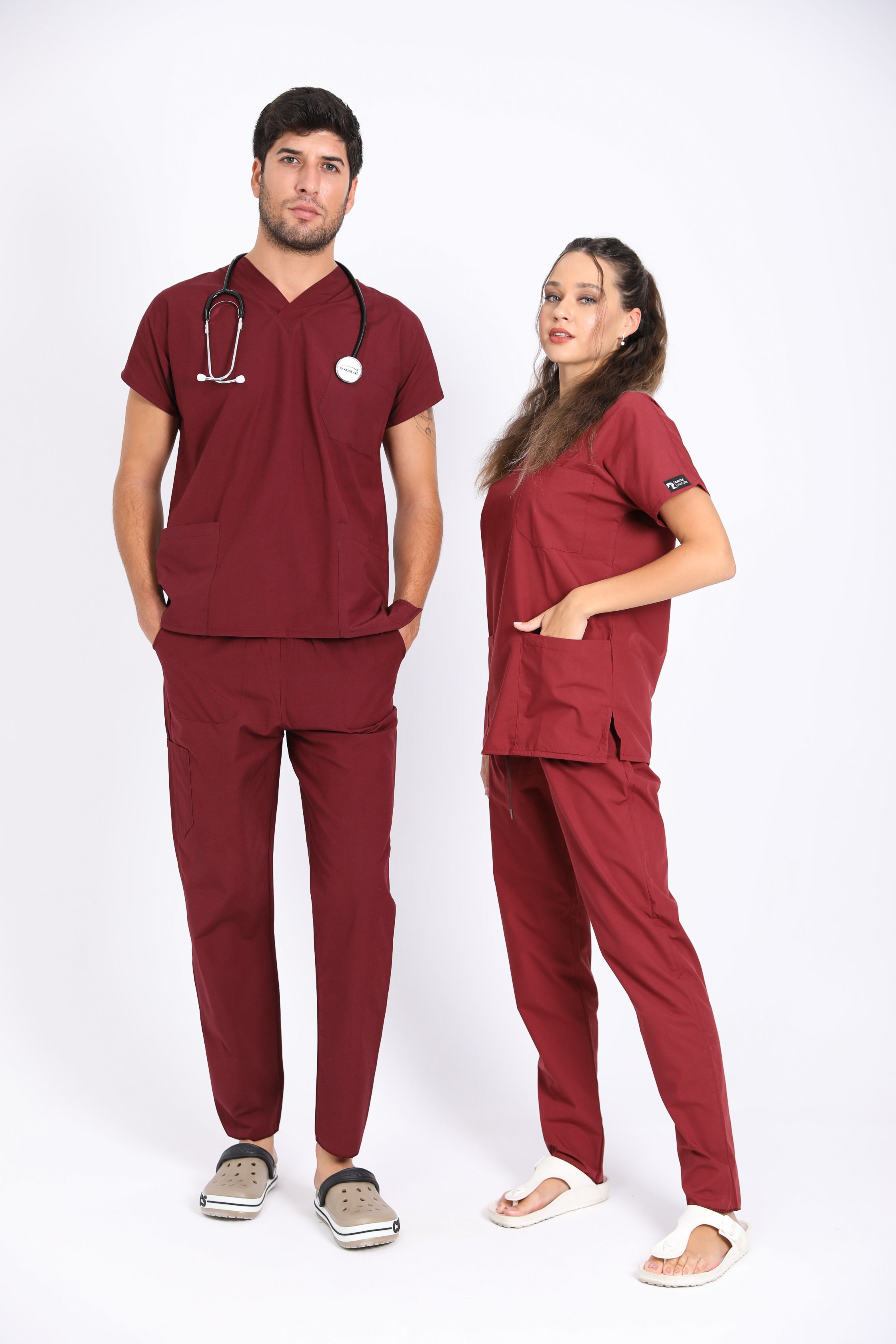  Unisex Doktor Hemşire Medikal Cerrahi Forma - BORDO TAKIM