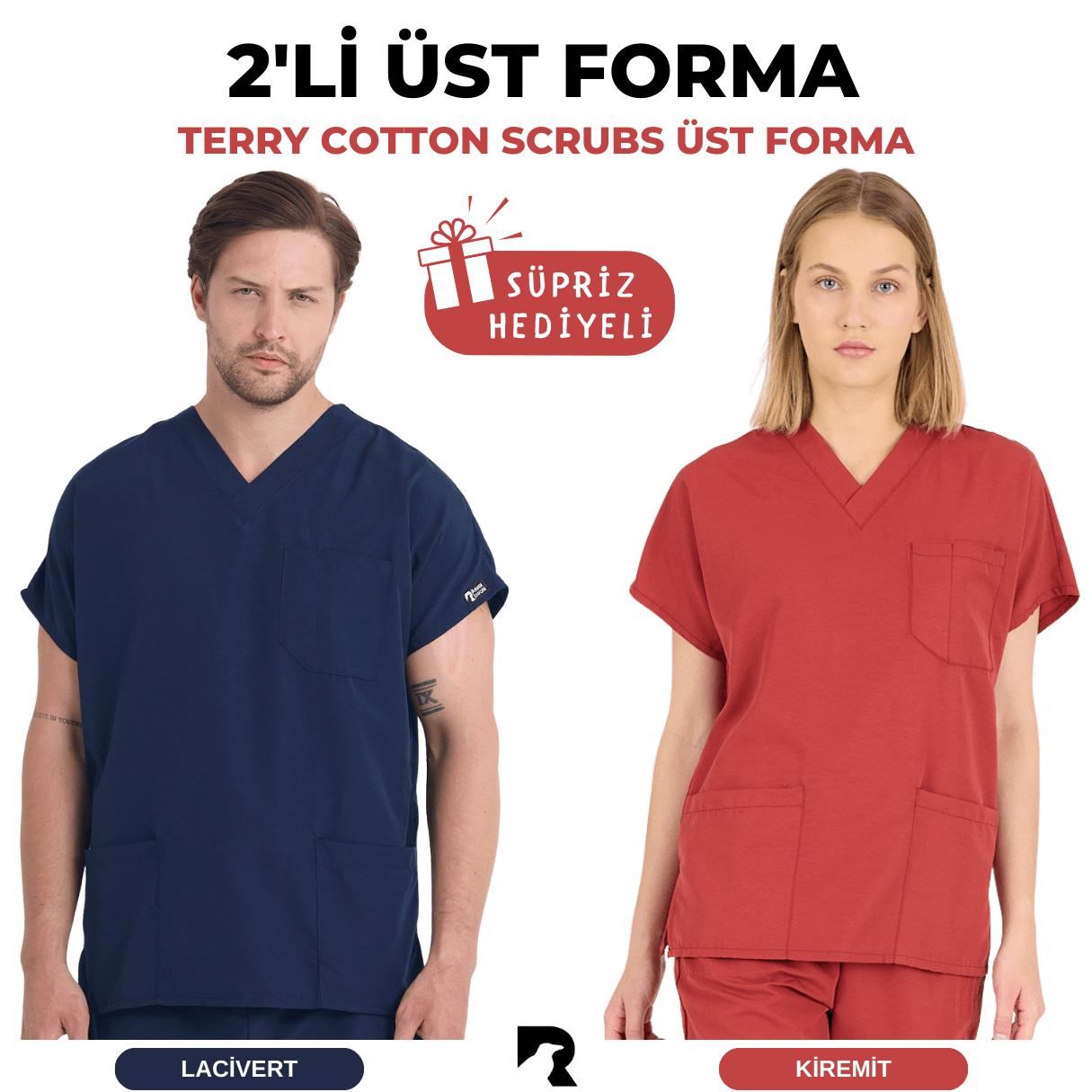 2' li ÜST FORMA - İthal Terry Cotton Scrubs , Unisex, Yarasa Kol, Hemşire Ve Doktor Forması Takımı, Scrubs Hastane Üniforması