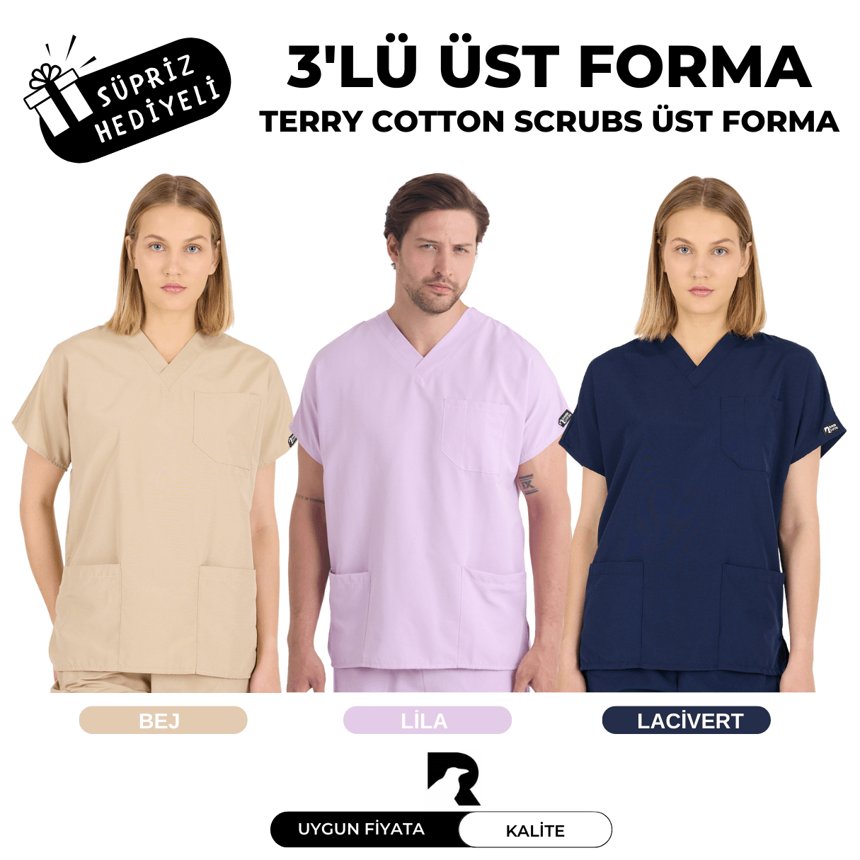 3' lü ÜST FORMA - İthal Terry Cotton Scrubs , Unisex, Yarasa Kol, Hemşire Ve Doktor Forması Takımı, Scrubs Hastane Üniforması