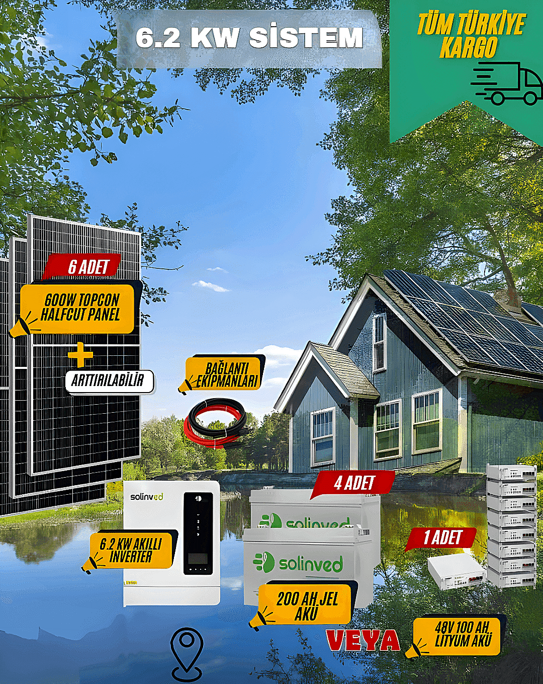  Bağ Evi, Karavan ve Hobi Bahçesi İçin Solar Güneş Enerji Sistemi – 3.6 kW Panel + 6.2 kW Akıllı İnverterli Paket (Akü Dahil)