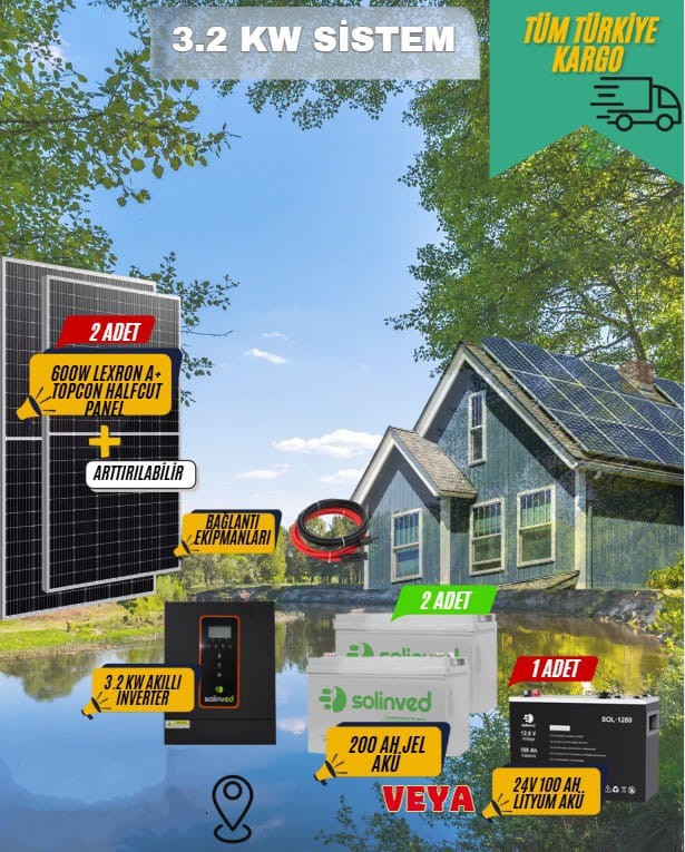 Bağ Evi ve Karavanlar İçin Solar Güneş Enerji Sistemi – 2x600W Lexron Panel + 3.2 kW Akıllı İnverter + 2x200Ah Jel & 1x100Ah Lityum Akü Seti