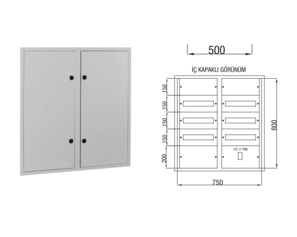 Çetinkaya ÇP 826 Sıva Altı Metal Sigorta Panosu 75x80x16,5 | 90 Ad. Sigorta + 125 A Kompak + Klemens Yeri Mevcut
