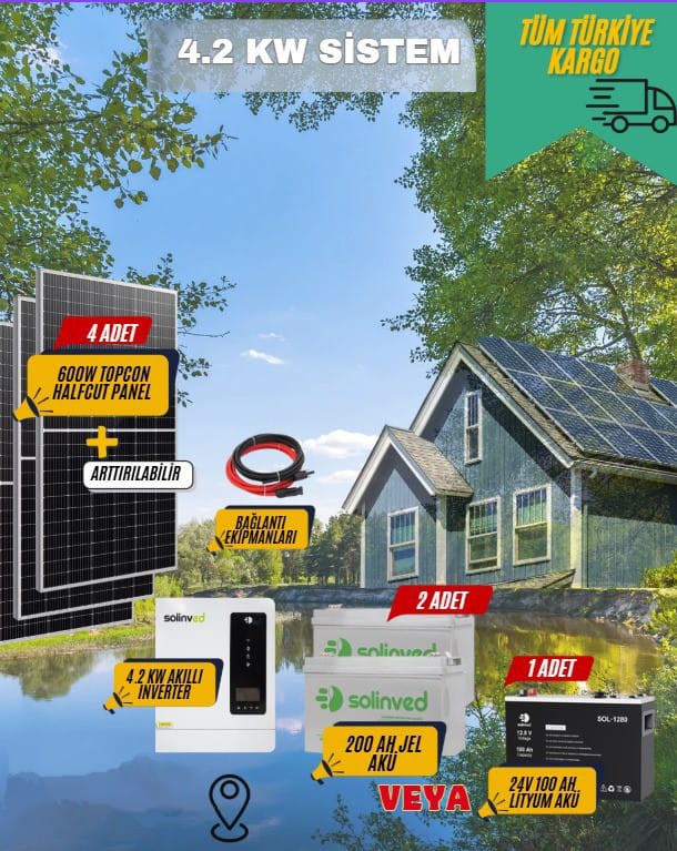 Bağ Evi ve Karavanlar İçin Solar Güneş Enerji Sistemi – 4x600W Panel + 4.2 kW Akıllı İnverter + 2x200Ah Jel & 1x100Ah Lityum Akü Seti