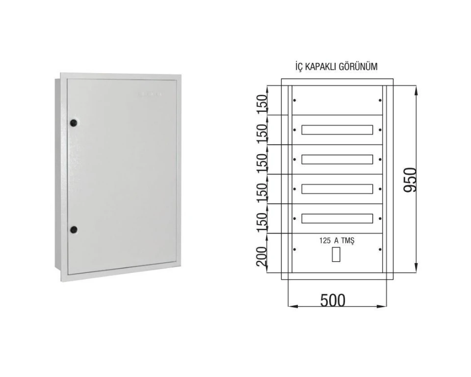 Çetinkaya ÇP 825 Sıva Altı Metal Sigorta Panosu 50x95x16,5 |80 Ad. Sigorta + 125 A Kompak + Klemens Yeri Mevcut
