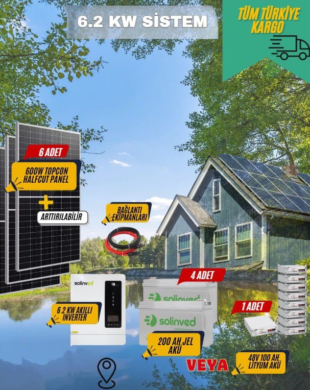  Bağ Evi, Karavan ve Hobi Bahçesi İçin Solar Güneş Enerji Sistemi – 3.6 kW Panel + 6.2 kW Akıllı İnverterli Paket (Akü Dahil)
