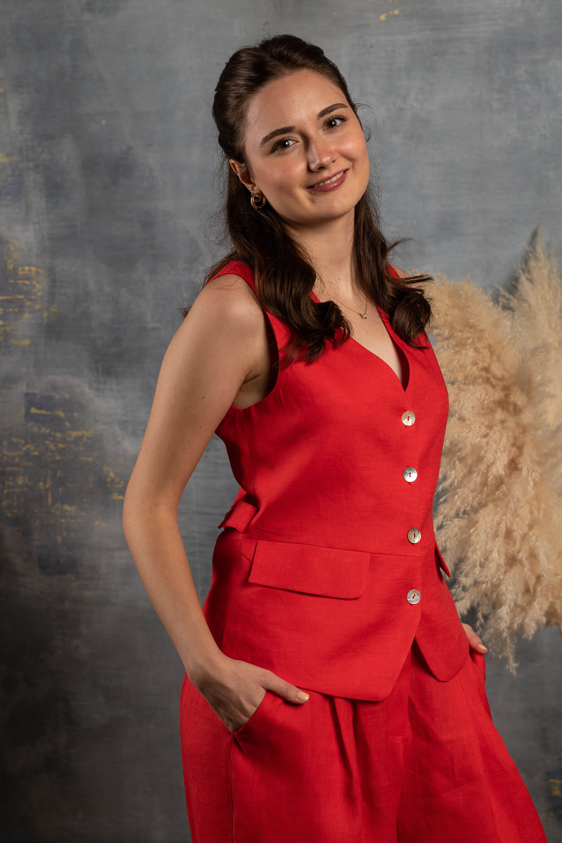 Meltem - Kırmızı Keten Yelek