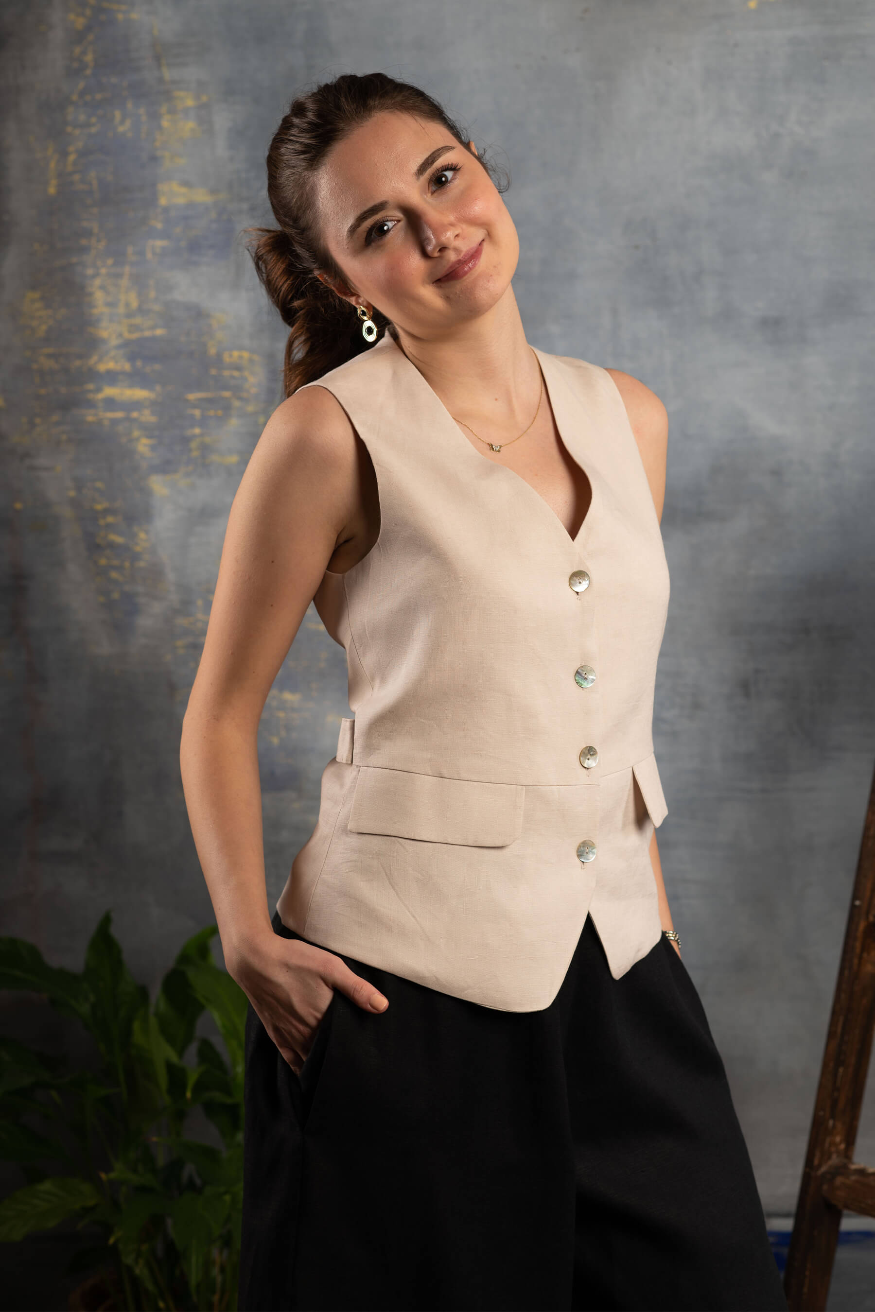 Meltem - Taş Rengi Keten Yelek