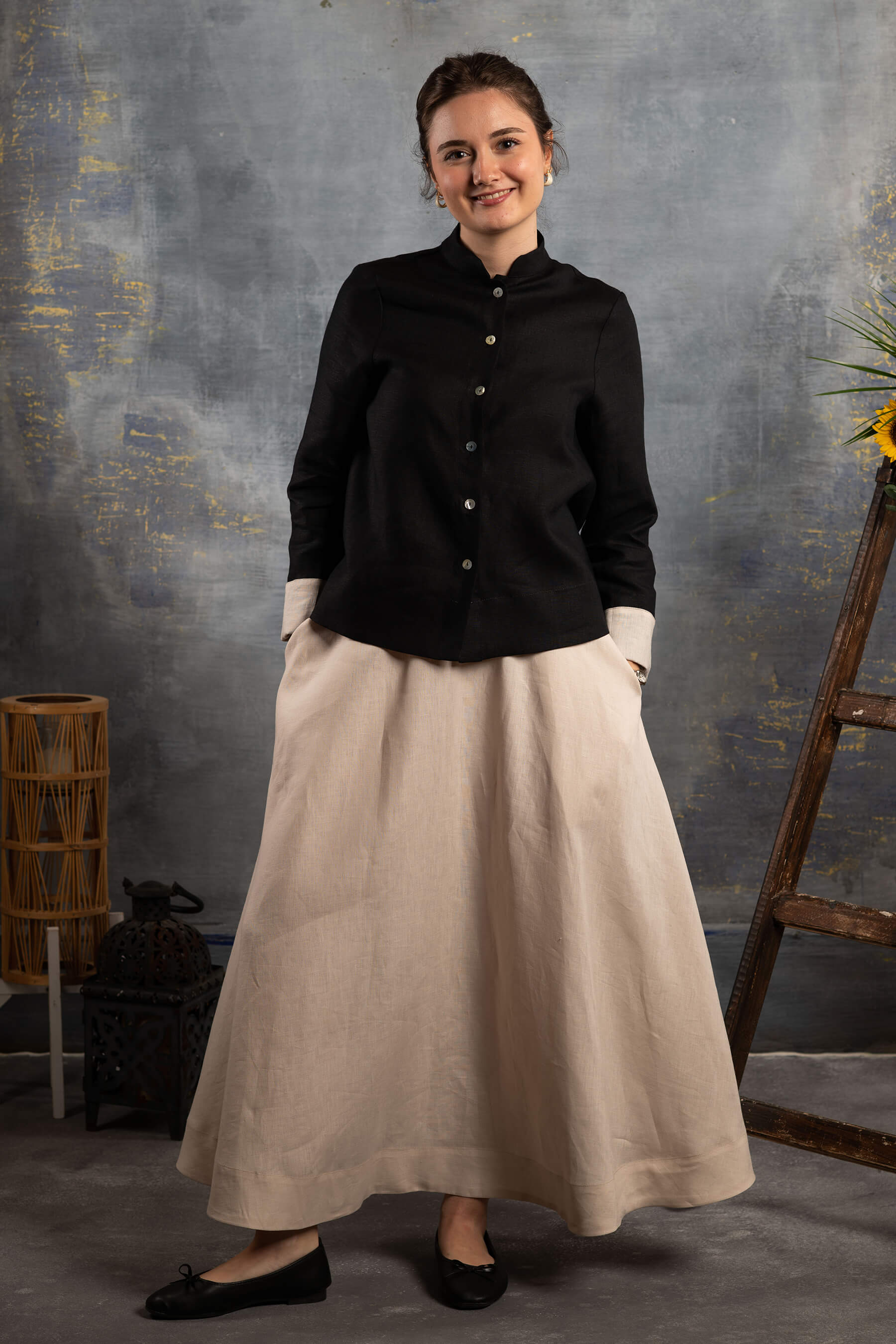 Nahif - Taş Rengi Kloş Keten Etek