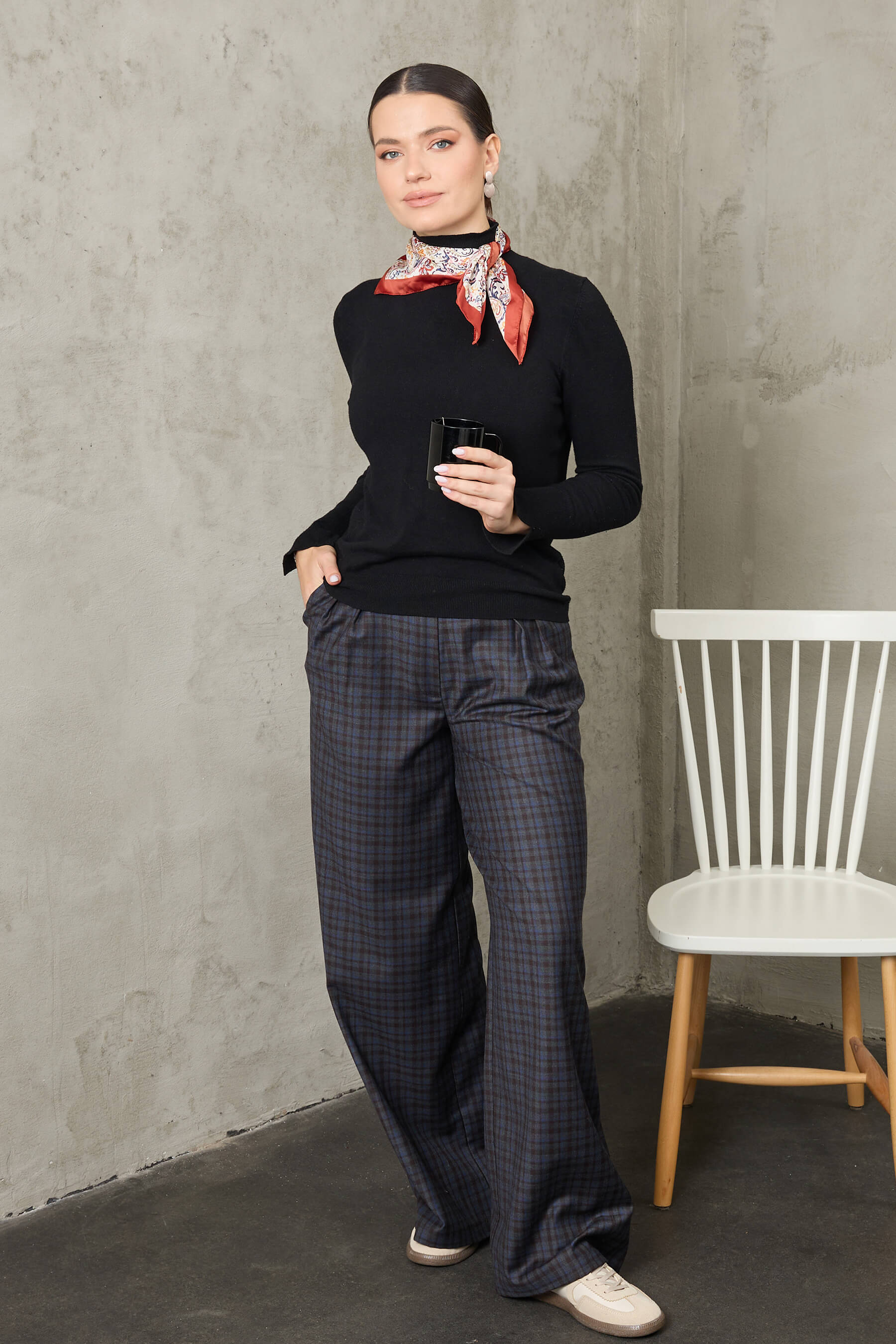 Sedir - Lacivert Ekoseli Yün Palazzo Pantolon