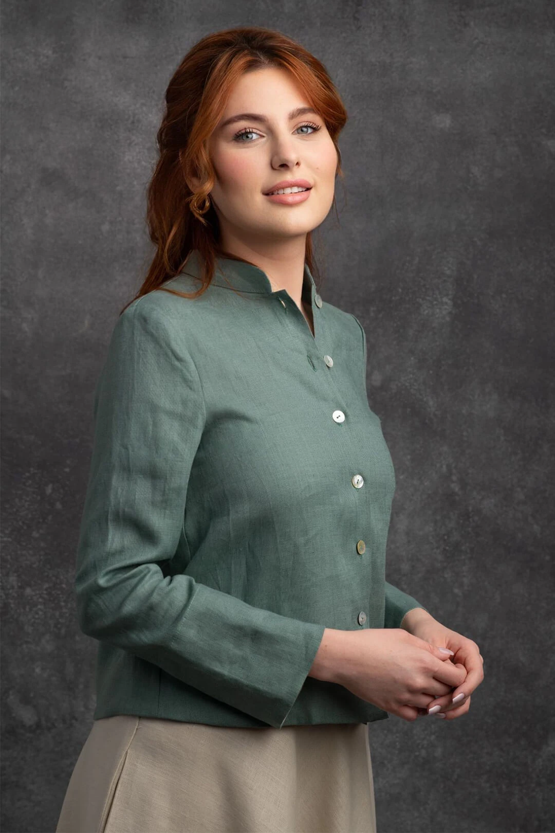 Müstesna - Hakim Yaka Mint Yeşili Keten Ceket