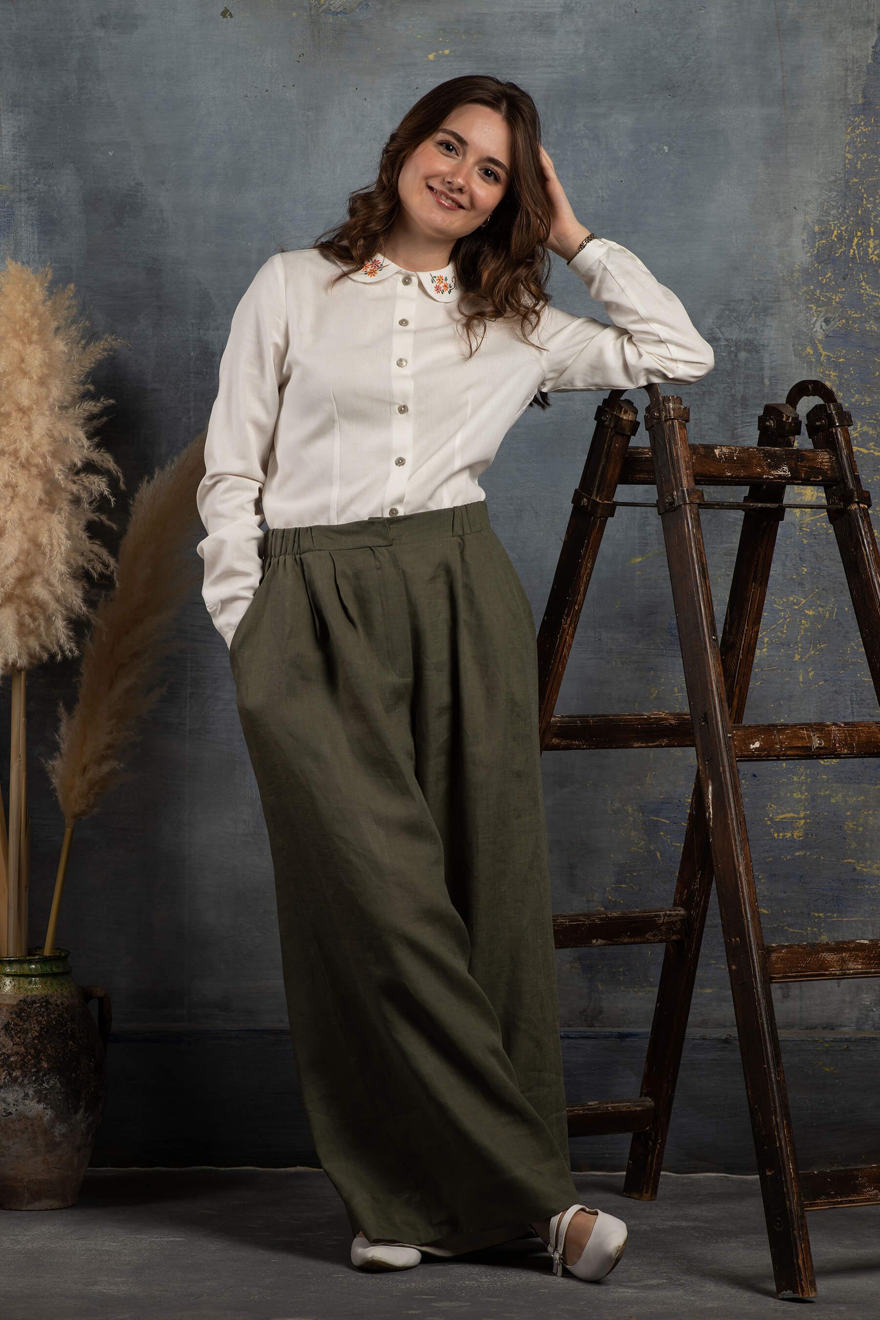 Bahar - Pileli Çağla Yeşili Keten Pantolon