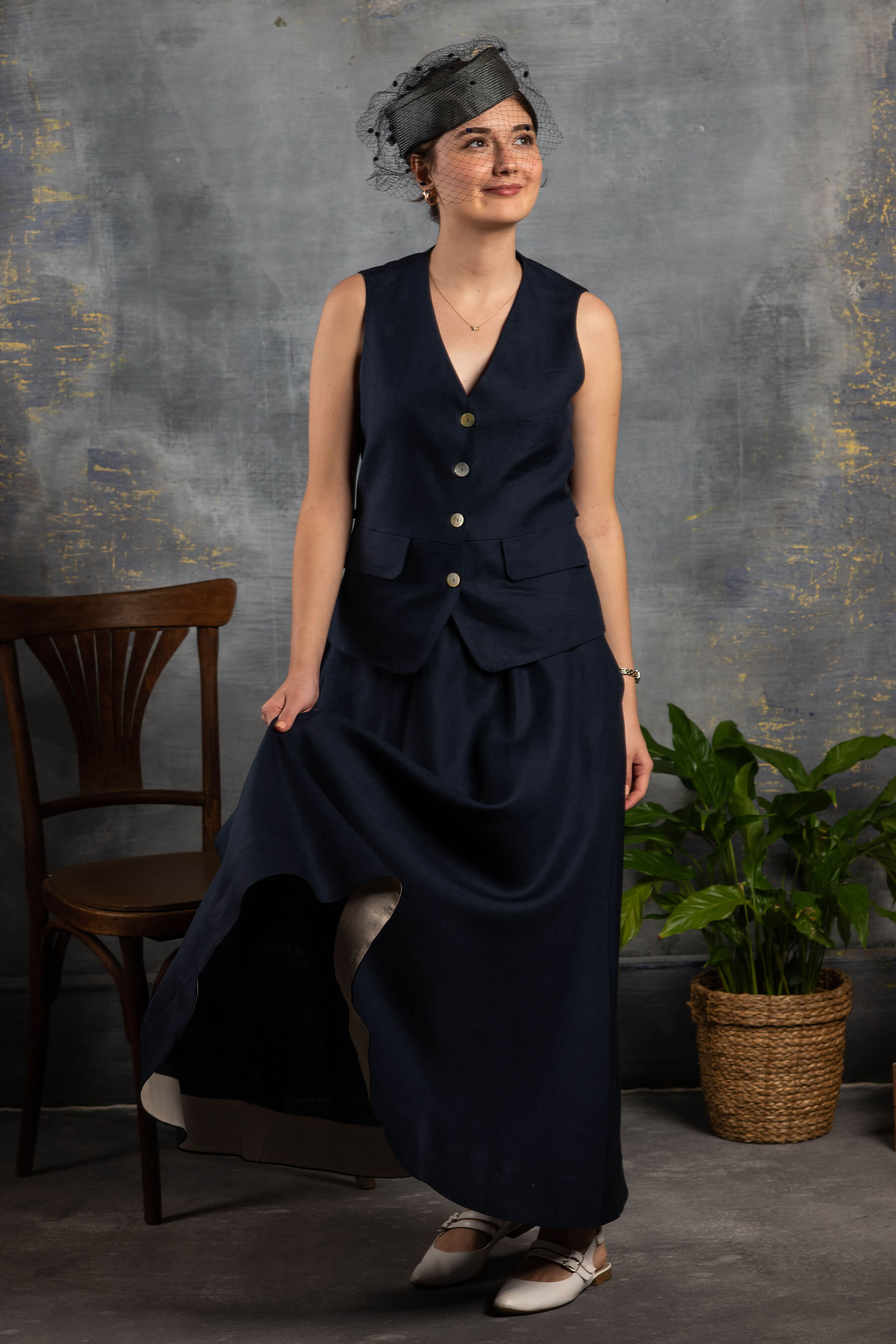 Nahif - Lacivert Kloş Keten Etek